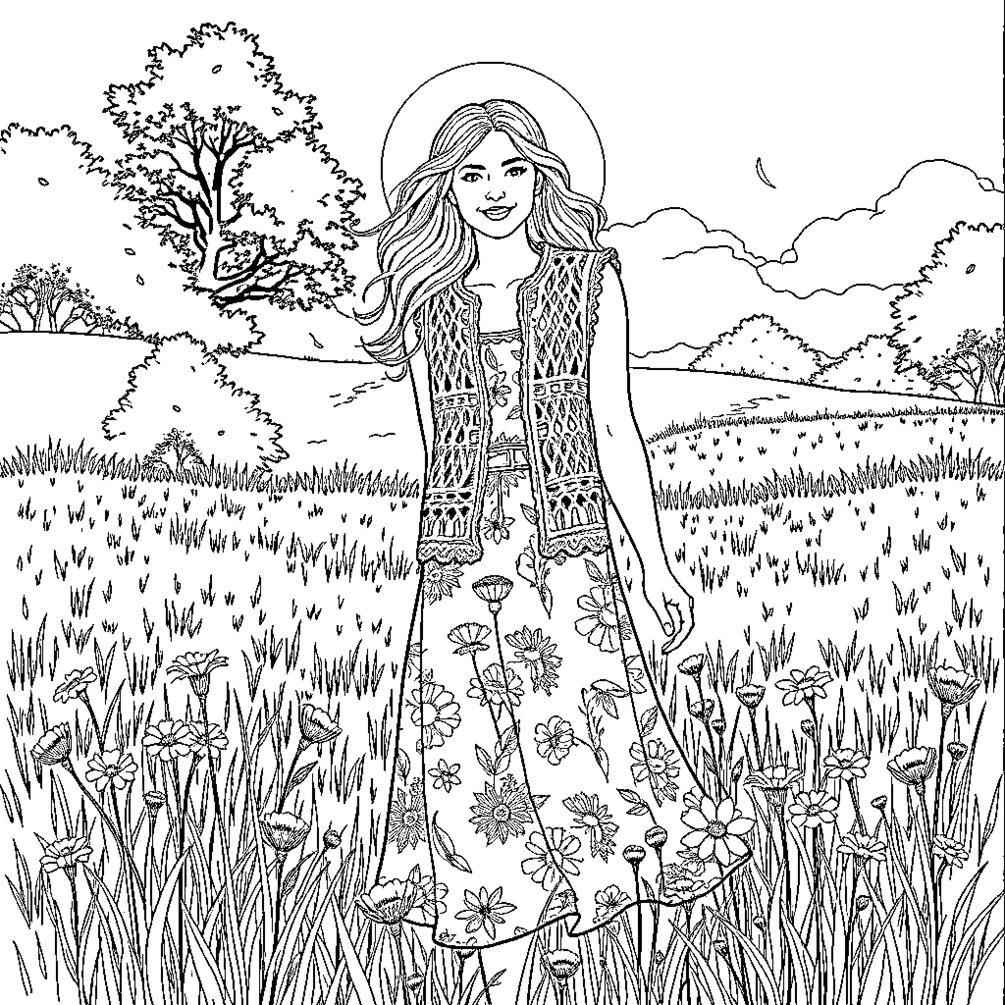 Model in Floral Dress in Idyllic Landscape Coloring Page (free black-and-white line drawing printable PDF for all, from beginners to advanced learners, including children, teens, adults, and seniors)