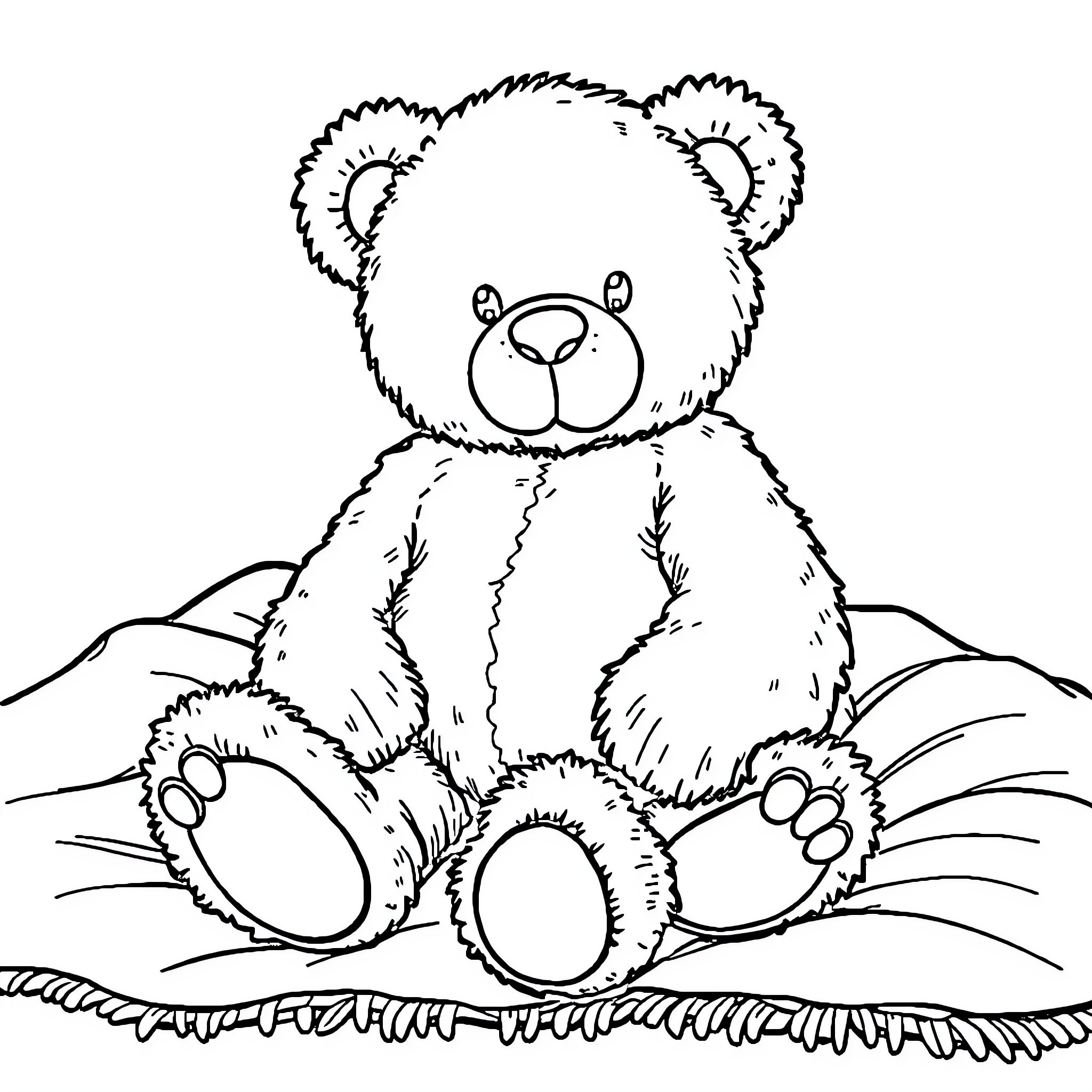Teddy Bear sitting comfortably on the grass Coloring Page (free black-and-white line drawing printable PDF for all, from beginners to advanced learners, including children, teens, adults, and seniors)
