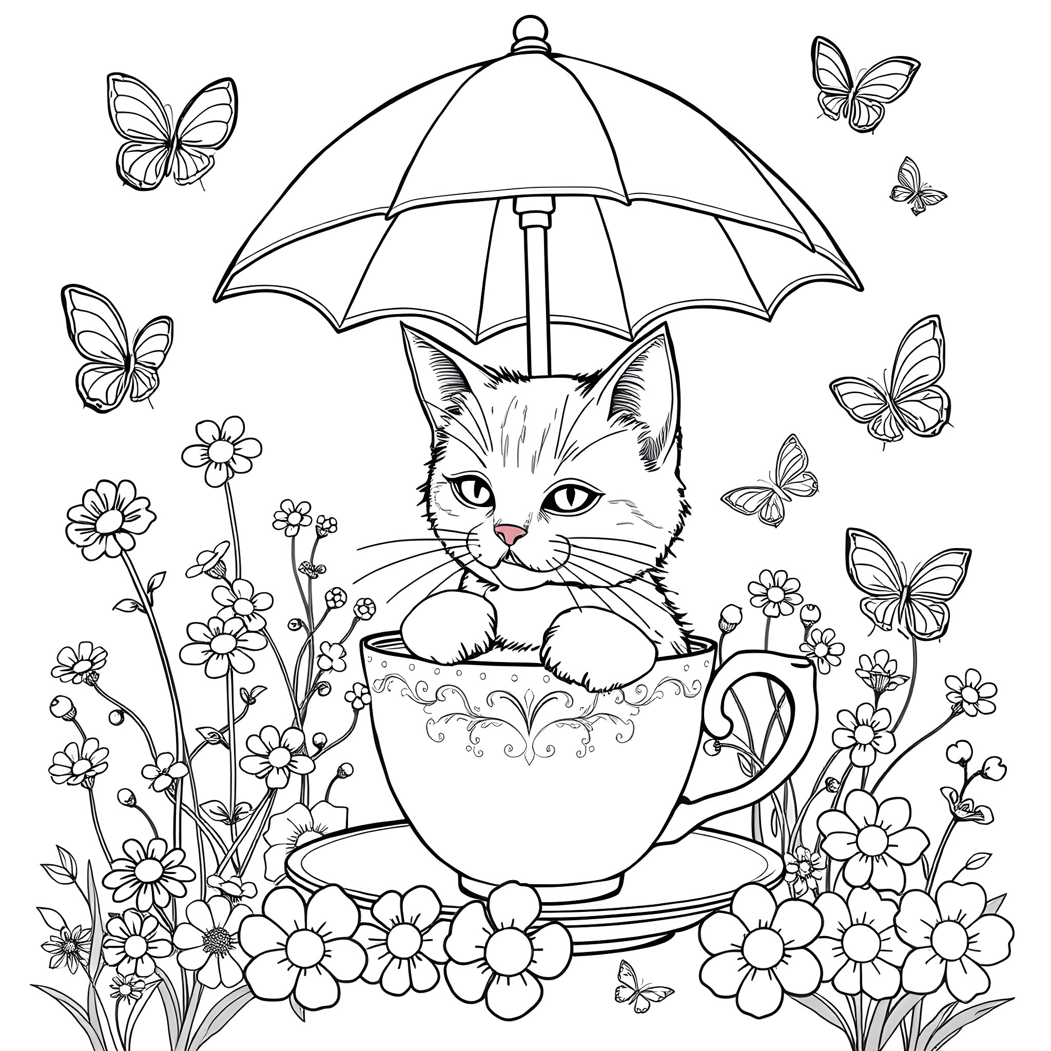 Cat relaxing under flower umbrella with butterflies Coloring Page (free black-and-white line drawing printable PDF for all, from beginners to advanced learners, including children, teens, adults, and seniors)
