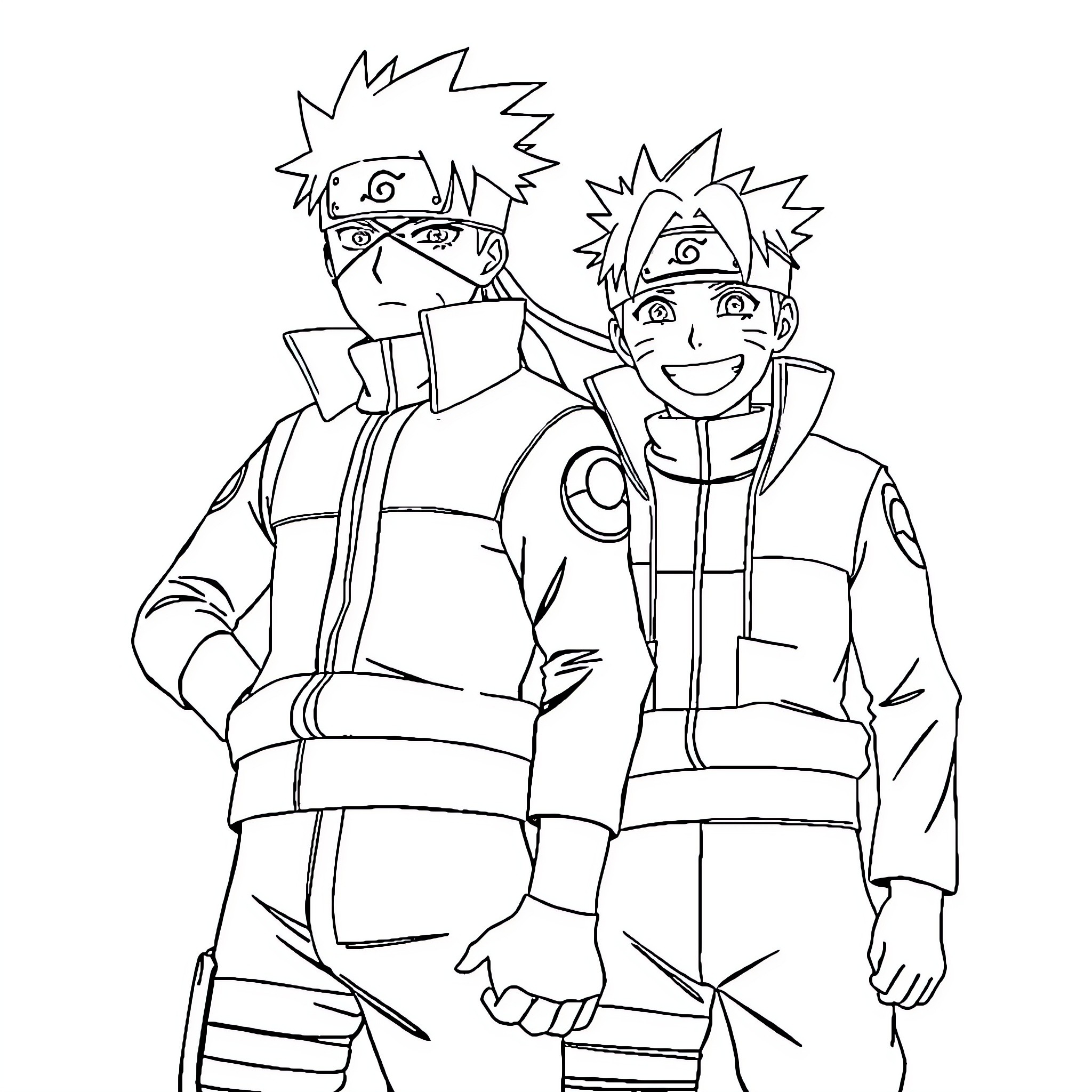 Kakashi and Naruto in Action Poses Coloring Page (free black-and-white line drawing printable PDF for all, from beginners to advanced learners, including children, teens, adults, and seniors)