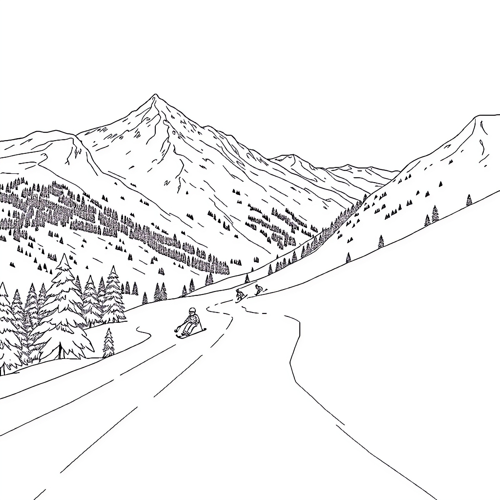 Ski down the scenic mountain slopes Coloring Page (free black-and-white line drawing printable PDF for all, from beginners to advanced learners, including children, teens, adults, and seniors)