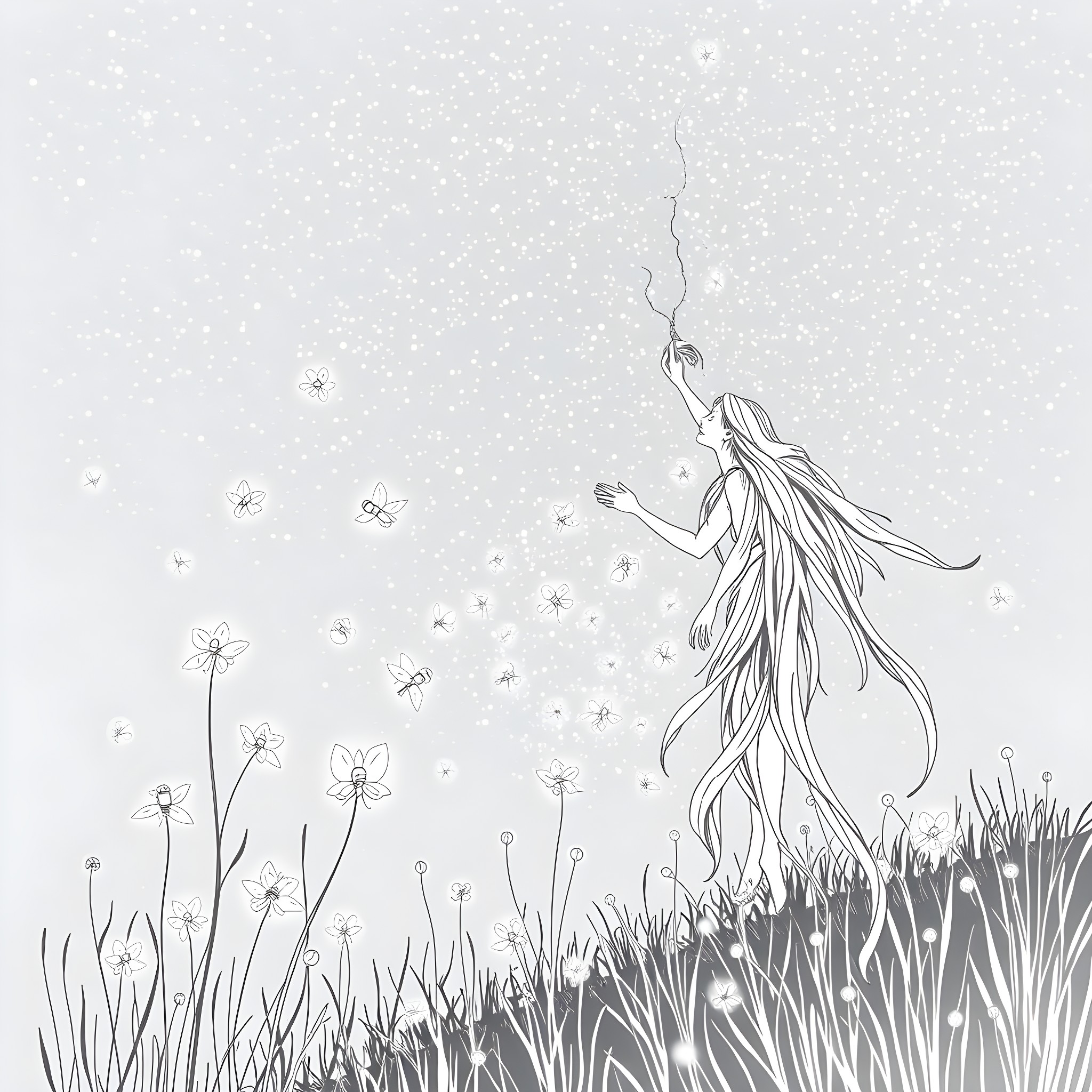 Spirit of nature dancing amidst the ethereal scene Coloring Page (free black-and-white line drawing printable PDF for all, from beginners to advanced learners, including children, teens, adults, and seniors)
