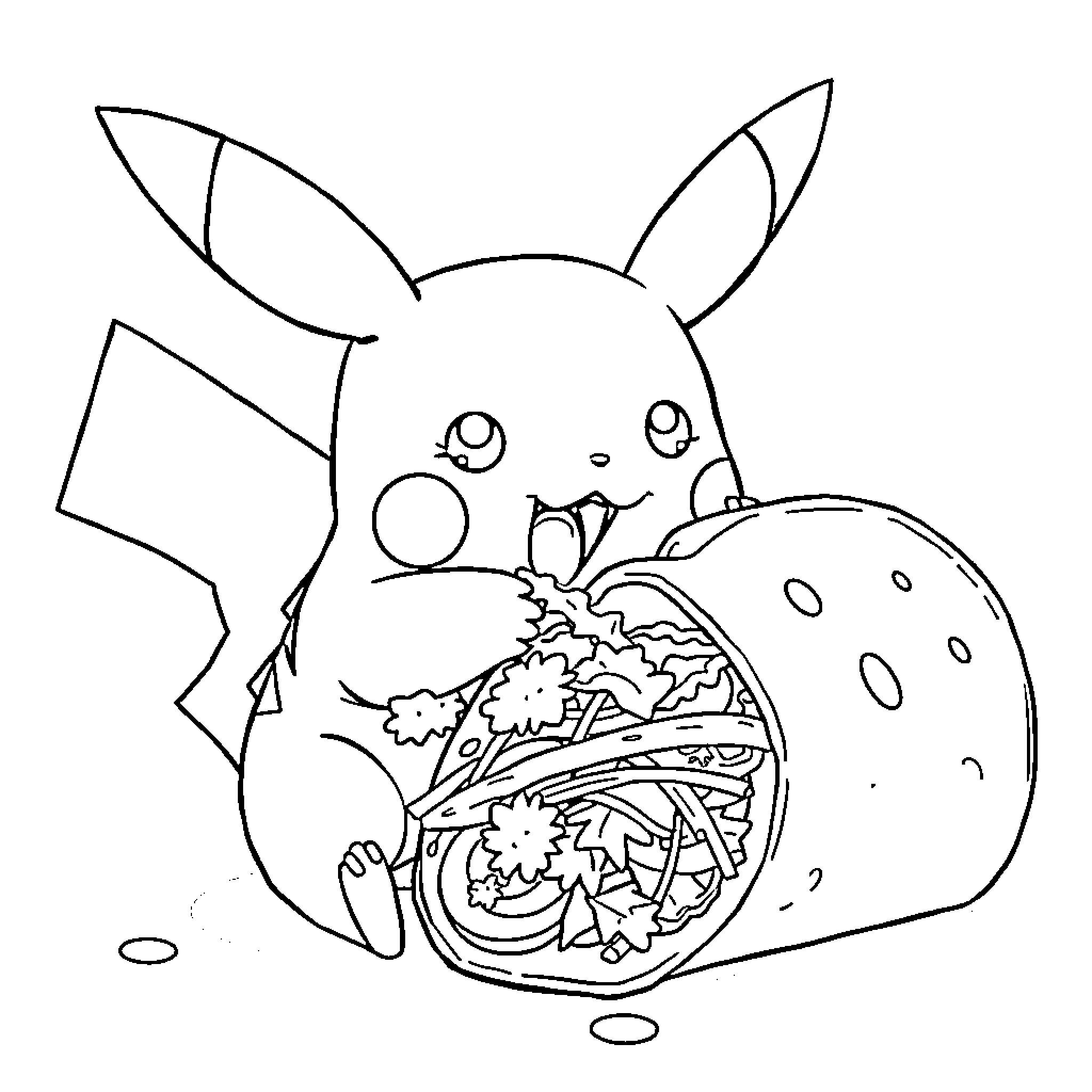 Pikachu enjoying a tasty treat Coloring Page (free black-and-white line drawing printable PDF for all, from beginners to advanced learners, including children, teens, adults, and seniors)