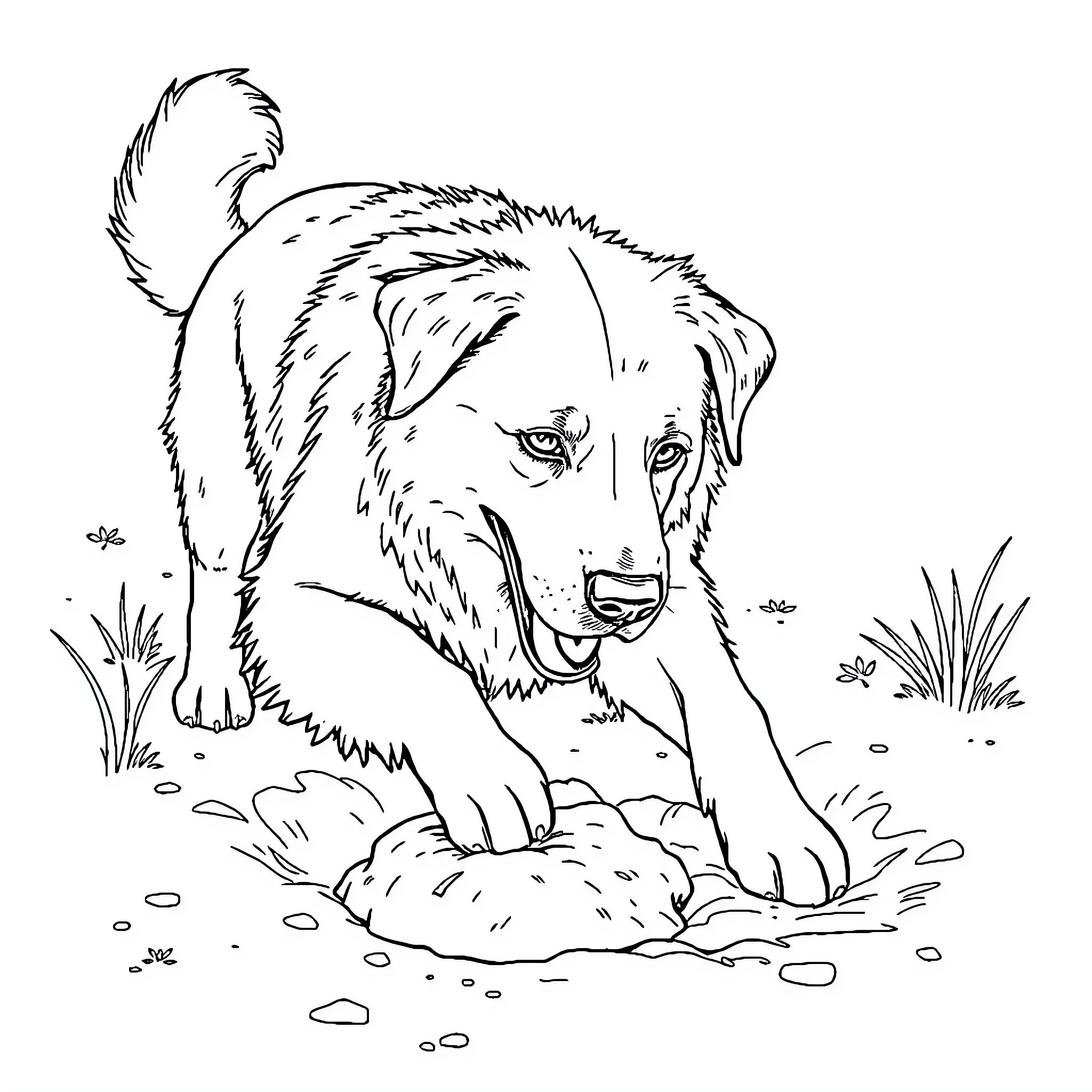 Dog playing in the mud Coloring Page (free black-and-white line drawing printable PDF for all, from beginners to advanced learners, including children, teens, adults, and seniors)