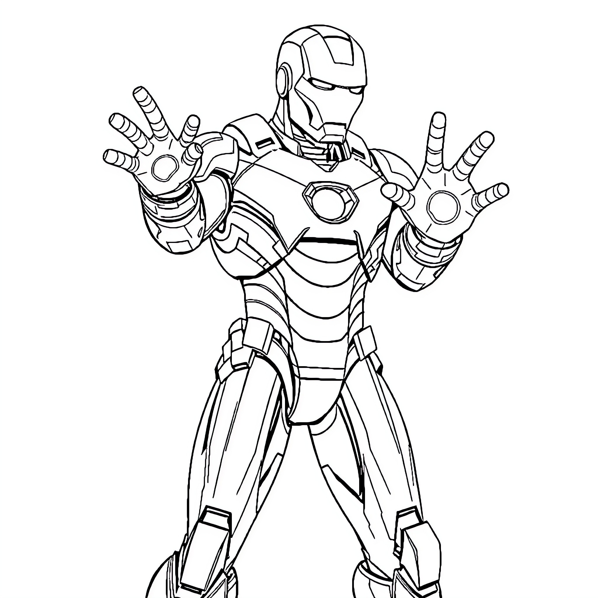 Iron Man in action-ready pose Coloring Page (free black-and-white line drawing printable PDF for all, from beginners to advanced learners, including children, teens, adults, and seniors)