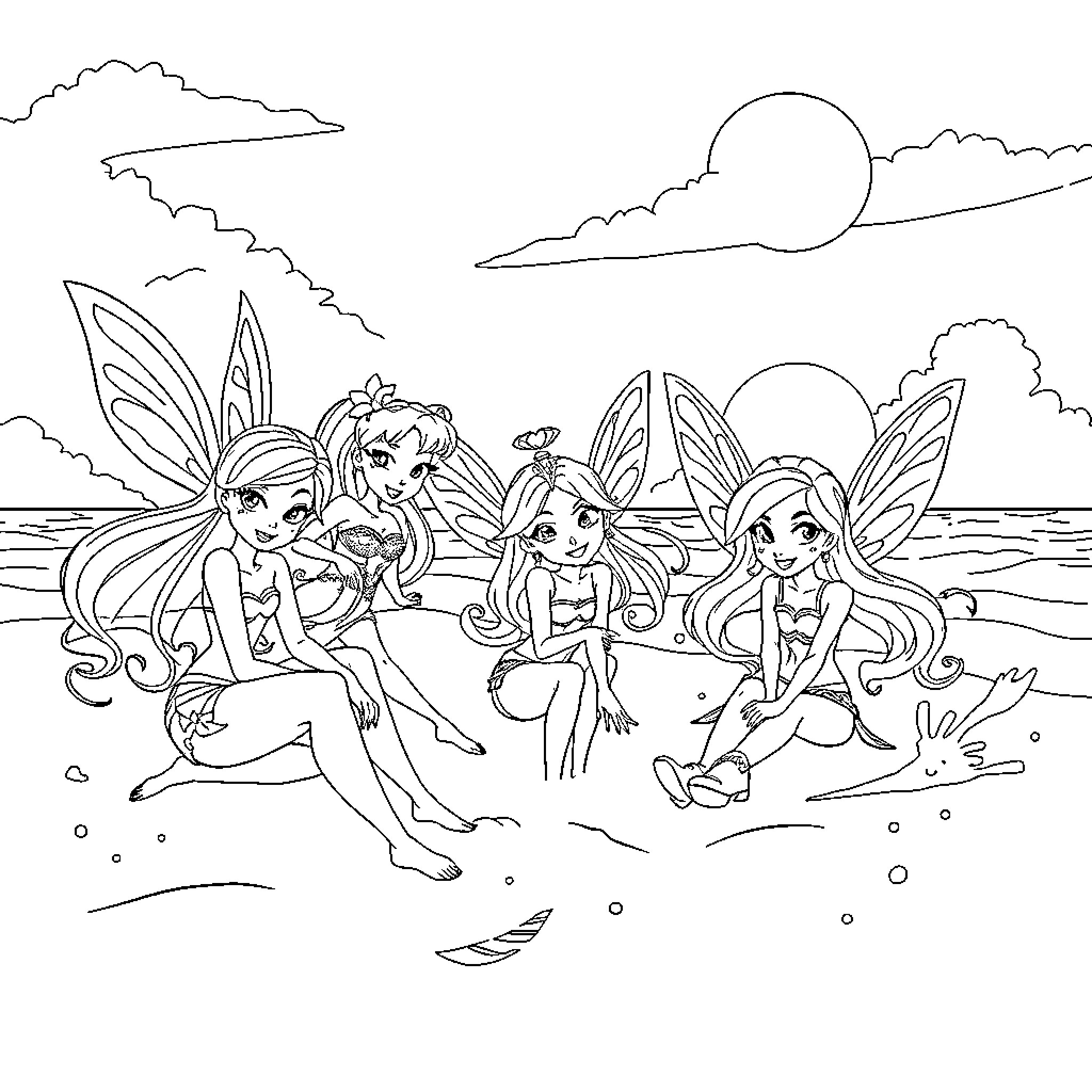 Winx Club Fairies Enjoying a Beach Outing Coloring Page (free black-and-white line drawing printable PDF for all, from beginners to advanced learners, including children, teens, adults, and seniors)