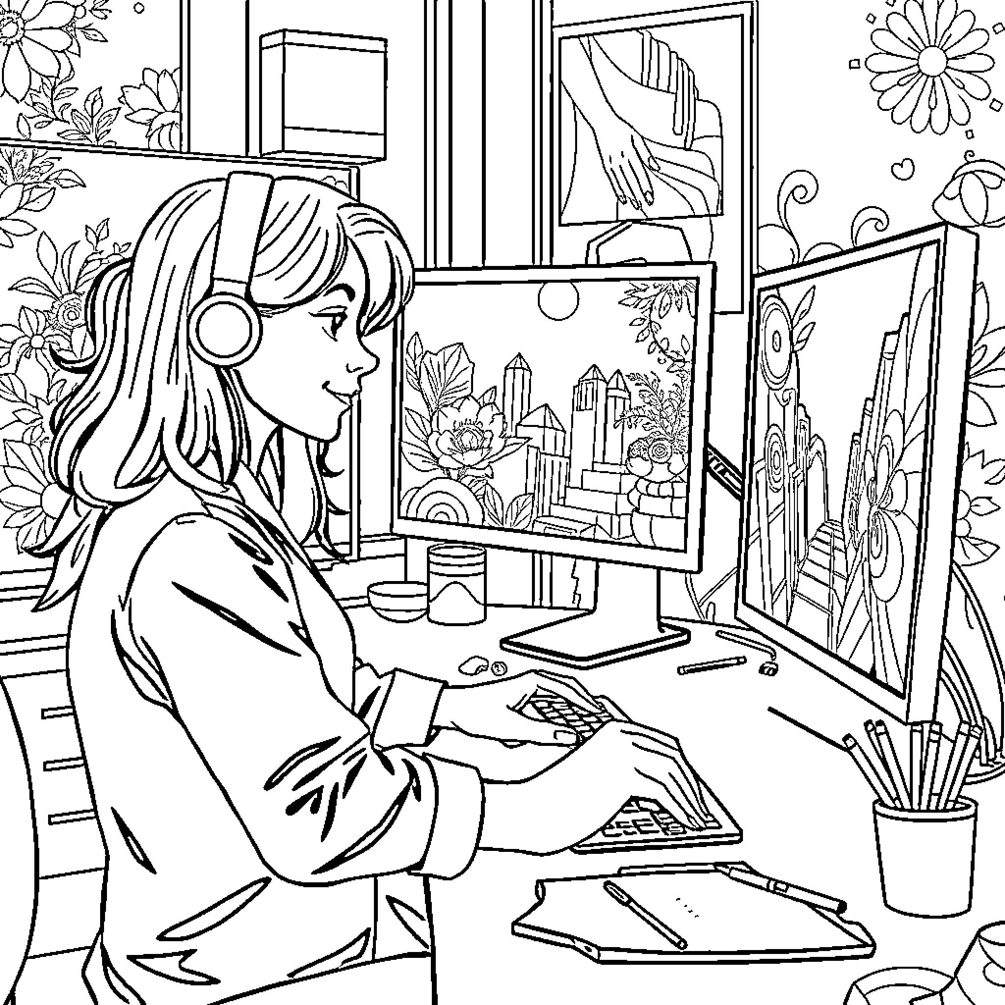 Pomni - Artist at Work with Creativity Coloring Page (free black-and-white line drawing printable PDF for all, from beginners to advanced learners, including children, teens, adults, and seniors)