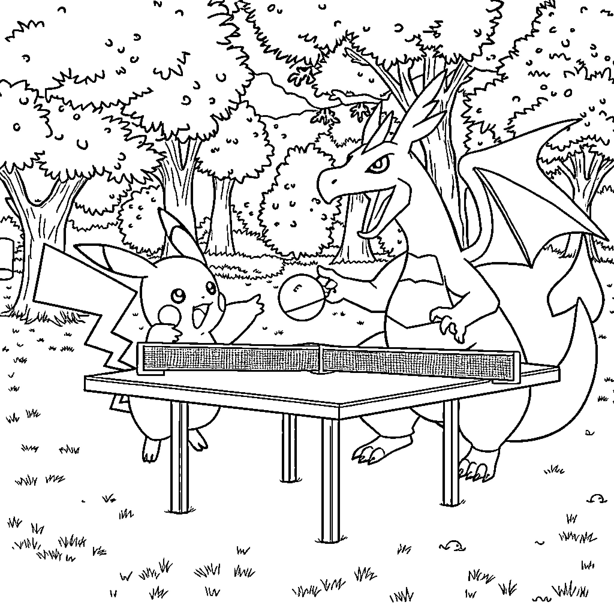Pikachu and friends enjoying a game together in the forest Coloring Page (free black-and-white line drawing printable PDF for all, from beginners to advanced learners, including children, teens, adults, and seniors)