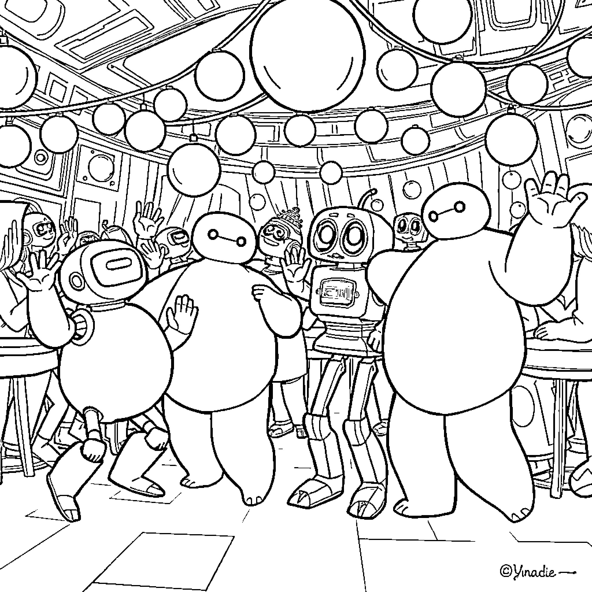 Robot Characters Enjoying a Festive Gathering Coloring Page (free black-and-white line drawing printable PDF for all, from beginners to advanced learners, including children, teens, adults, and seniors)