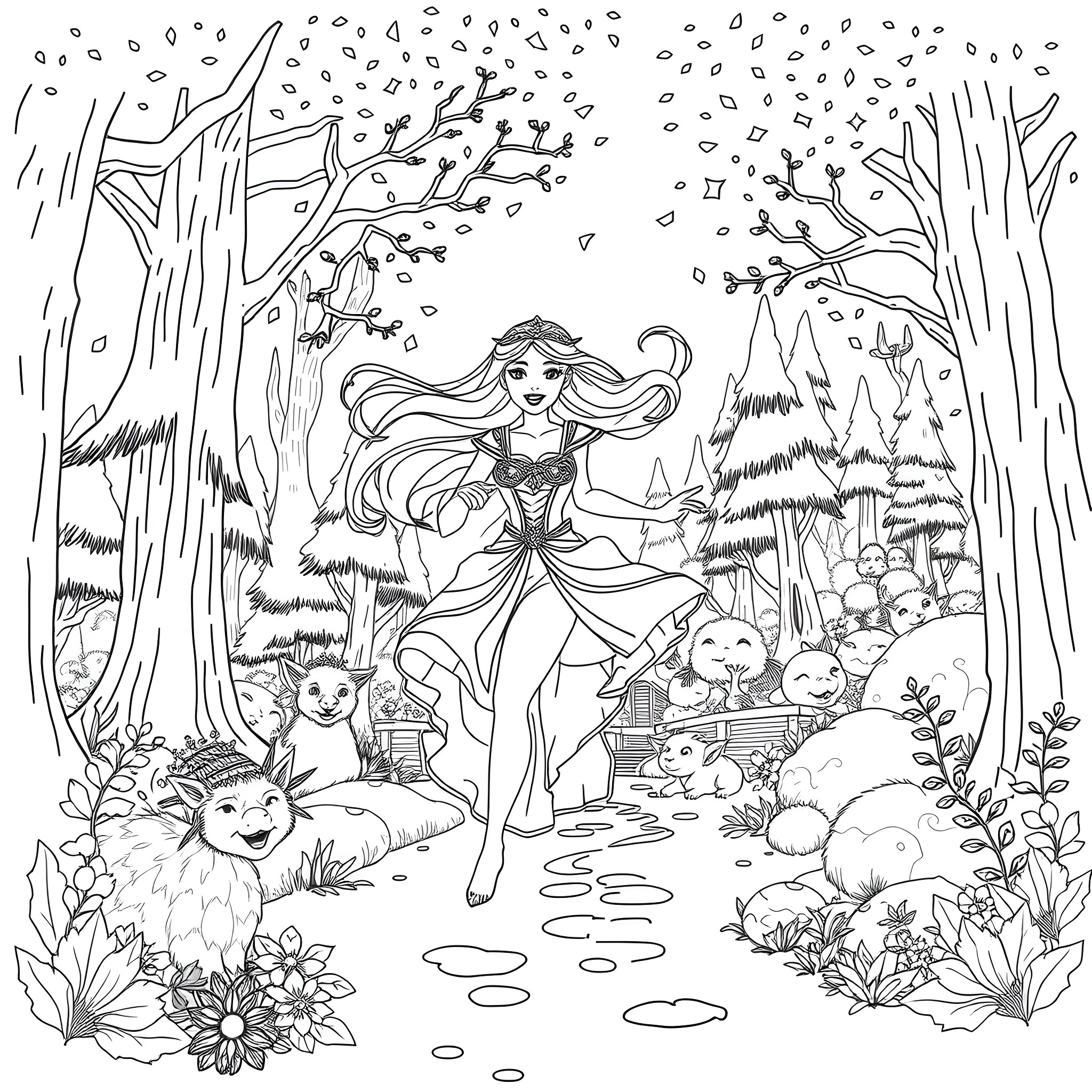Princess Dancing Amidst Enchanted Forest Creatures Coloring Page (free black-and-white line drawing printable PDF for all, from beginners to advanced learners, including children, teens, adults, and seniors)