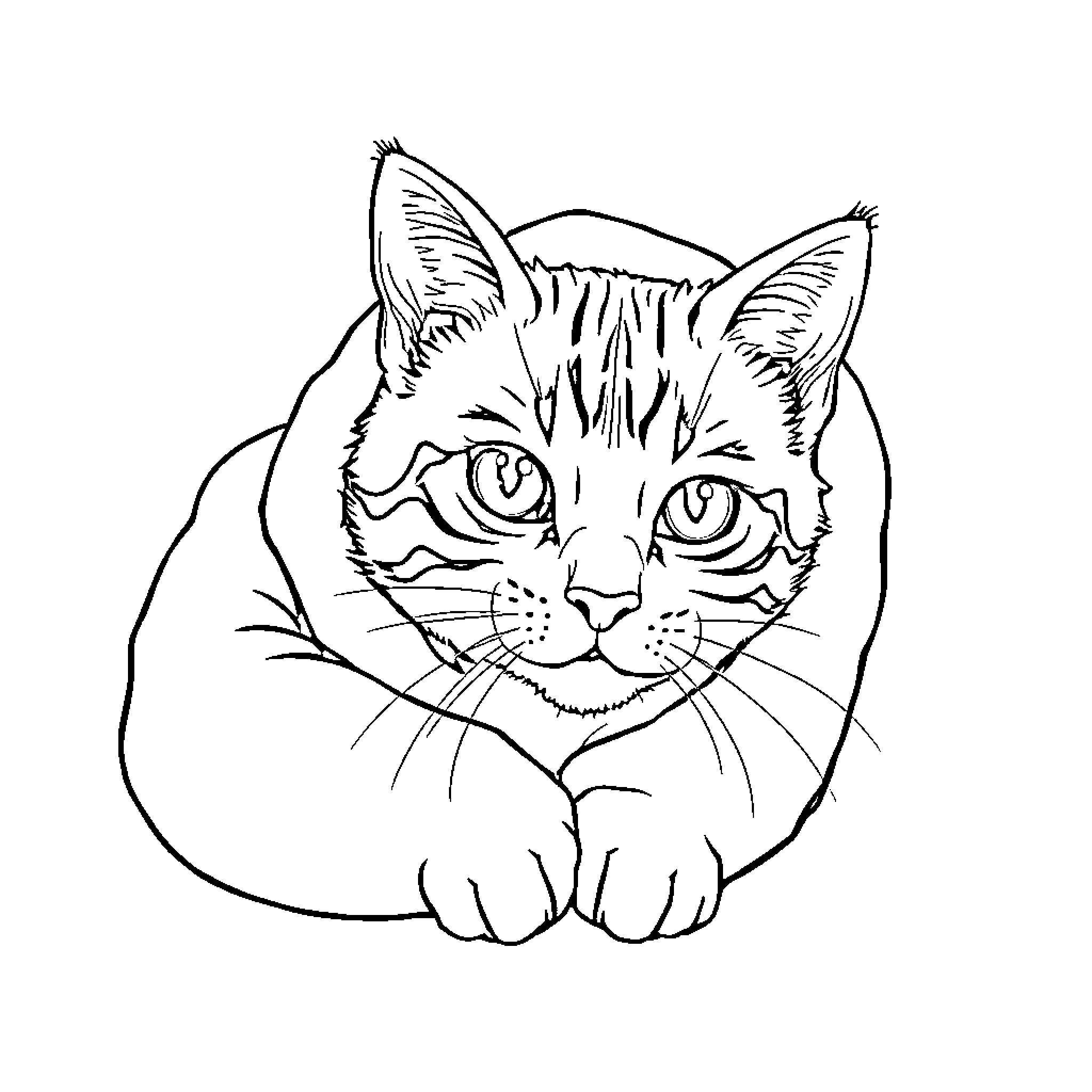Cat curled up in cozy nap Coloring Page (free black-and-white line drawing printable PDF for all, from beginners to advanced learners, including children, teens, adults, and seniors)