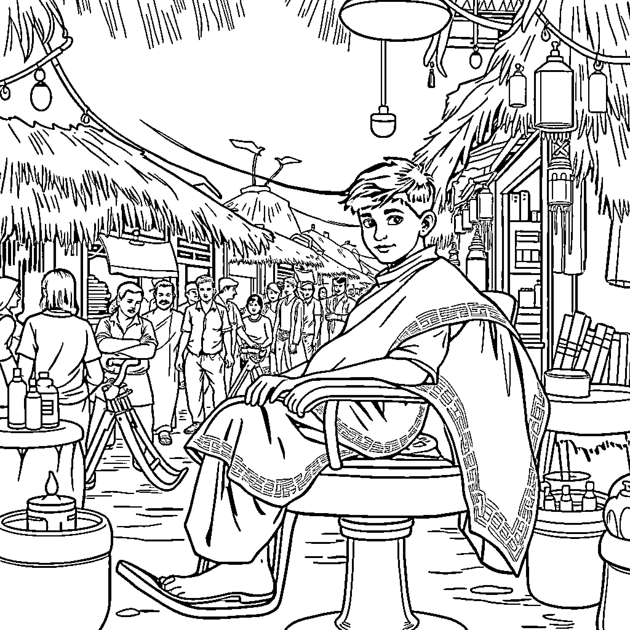 Boy enjoying local festival in vibrant market setting Coloring Page (free black-and-white line drawing printable PDF for all, from beginners to advanced learners, including children, teens, adults, and seniors)