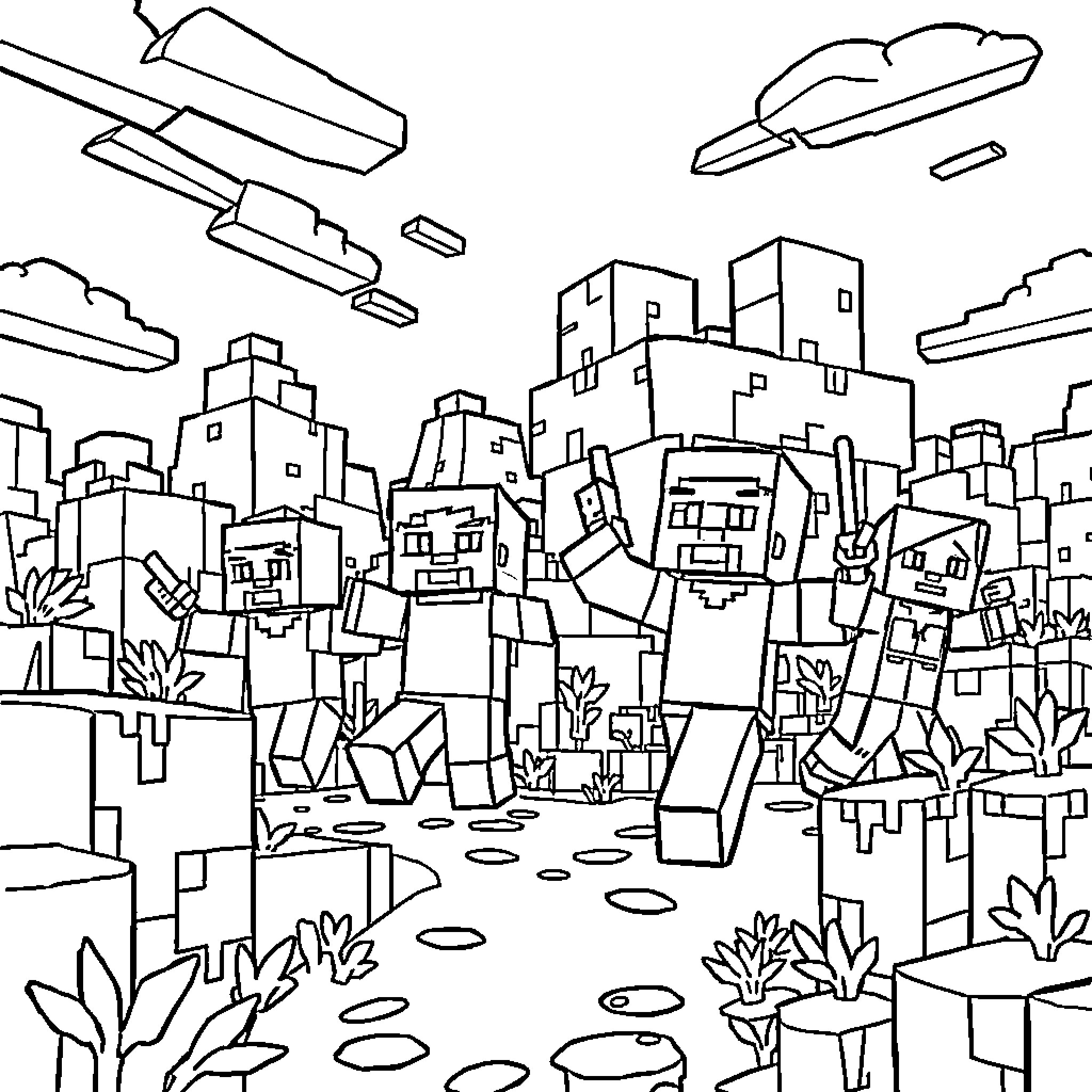 Minecraft Character Exploring Blocky City Landscape Coloring Page (free black-and-white line drawing printable PDF for all, from beginners to advanced learners, including children, teens, adults, and seniors)