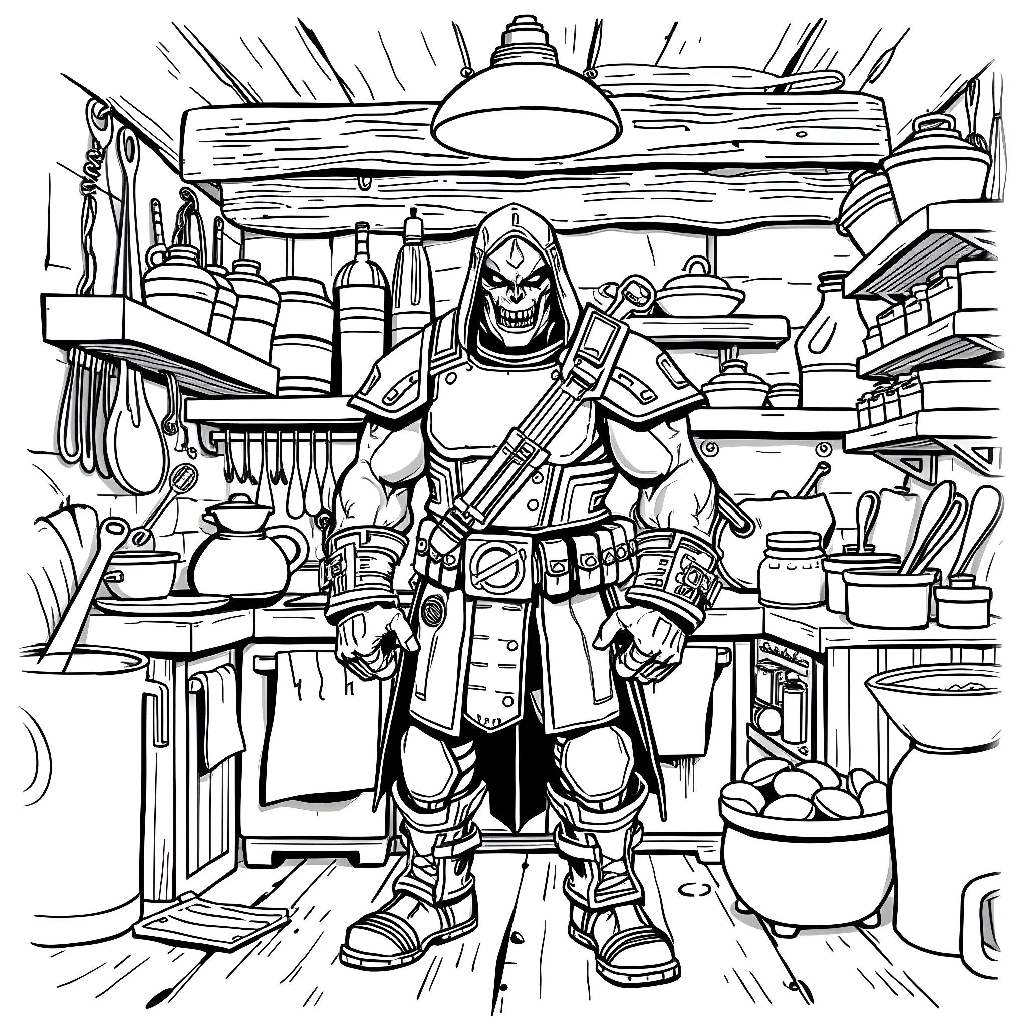 Guy in warrior gear standing tall in a cluttered kitchen Coloring Page (free black-and-white line drawing printable PDF for all, from beginners to advanced learners, including children, teens, adults, and seniors)