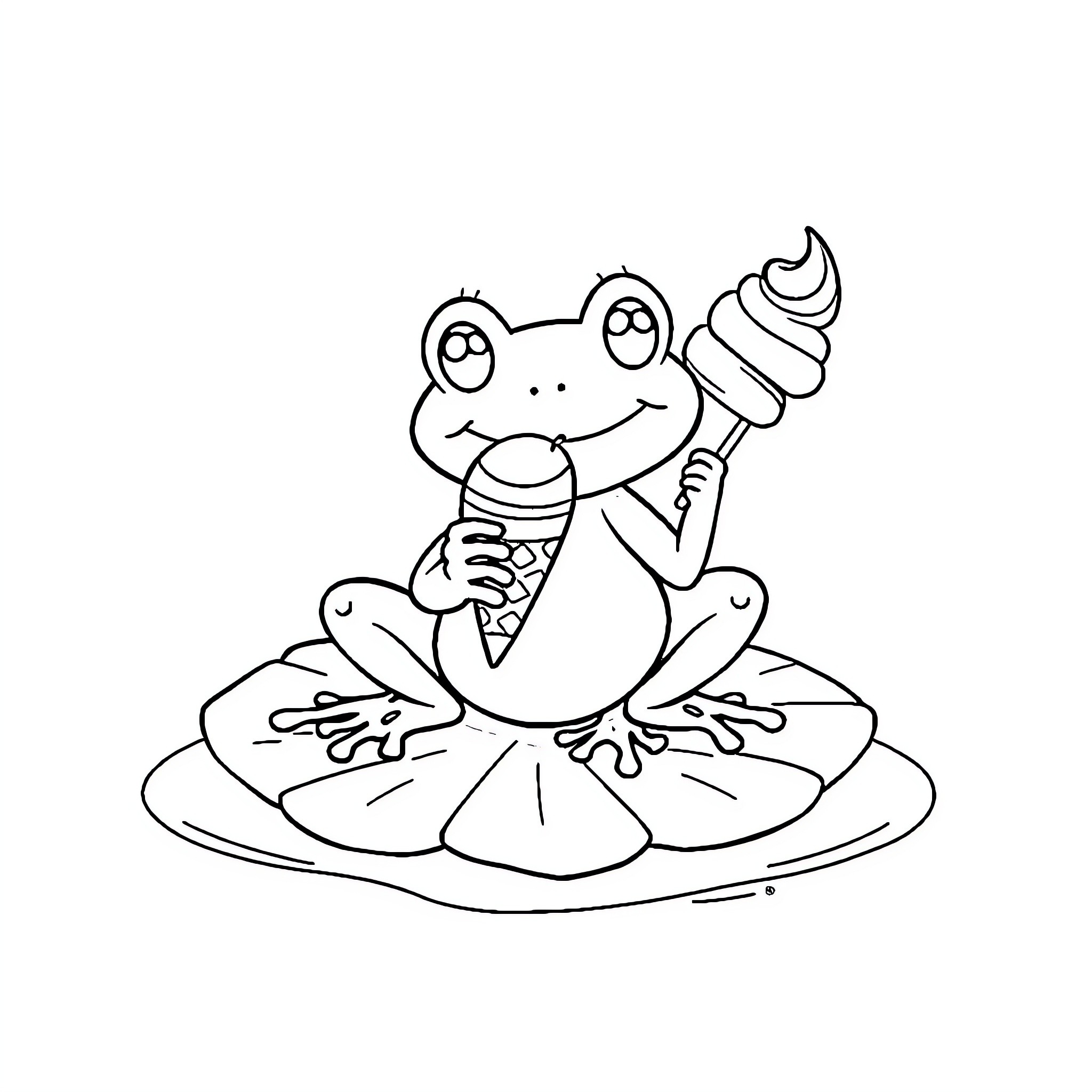 Frog enjoying an ice cream treat Coloring Page (free black-and-white line drawing printable PDF for all, from beginners to advanced learners, including children, teens, adults, and seniors)