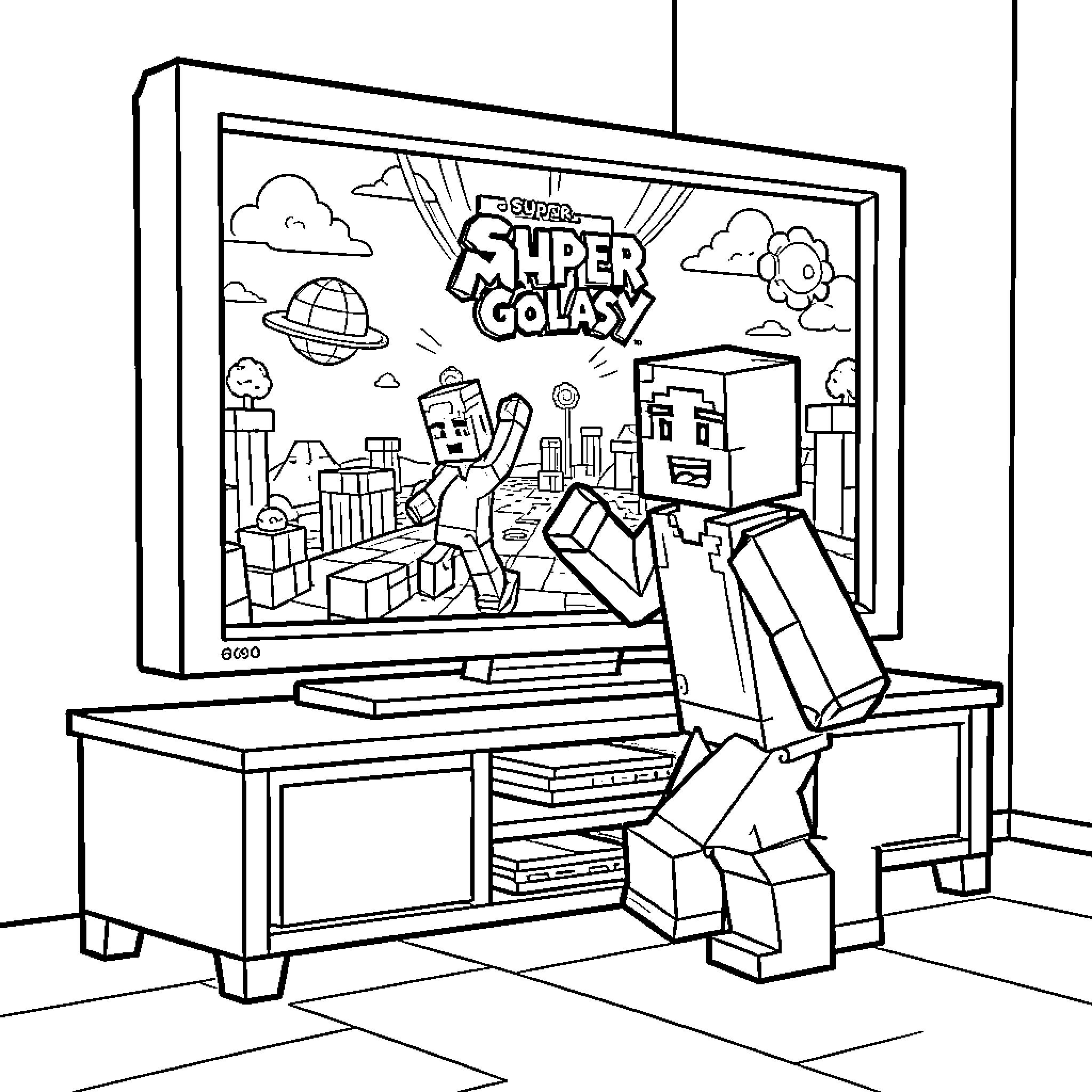 Minecraft characters watching a space adventure on television Coloring Page (free black-and-white line drawing printable PDF for all, from beginners to advanced learners, including children, teens, adults, and seniors)