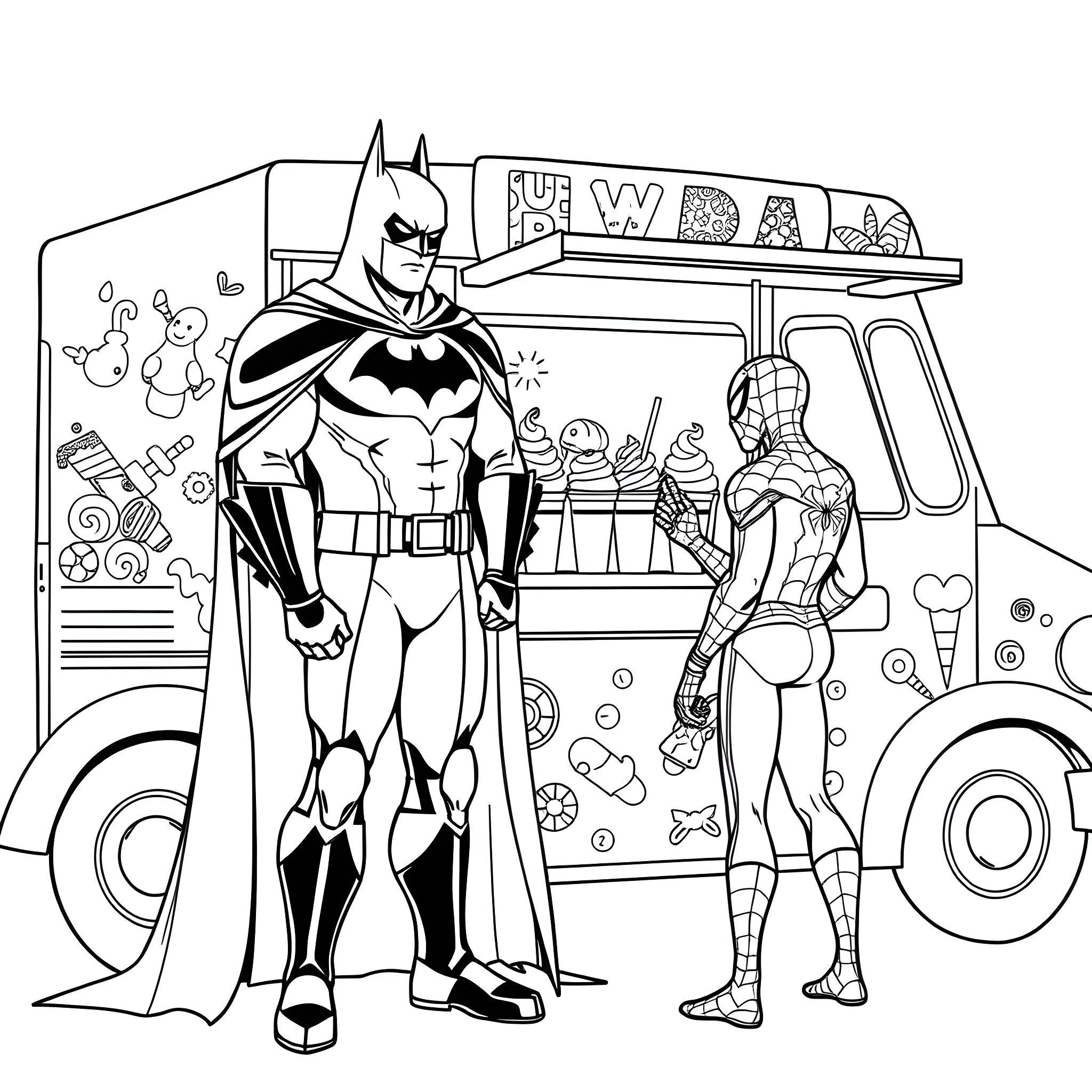 Batman and Spiderman teaming up at an ice cream truck Coloring Page (free black-and-white line drawing printable PDF for all, from beginners to advanced learners, including children, teens, adults, and seniors)