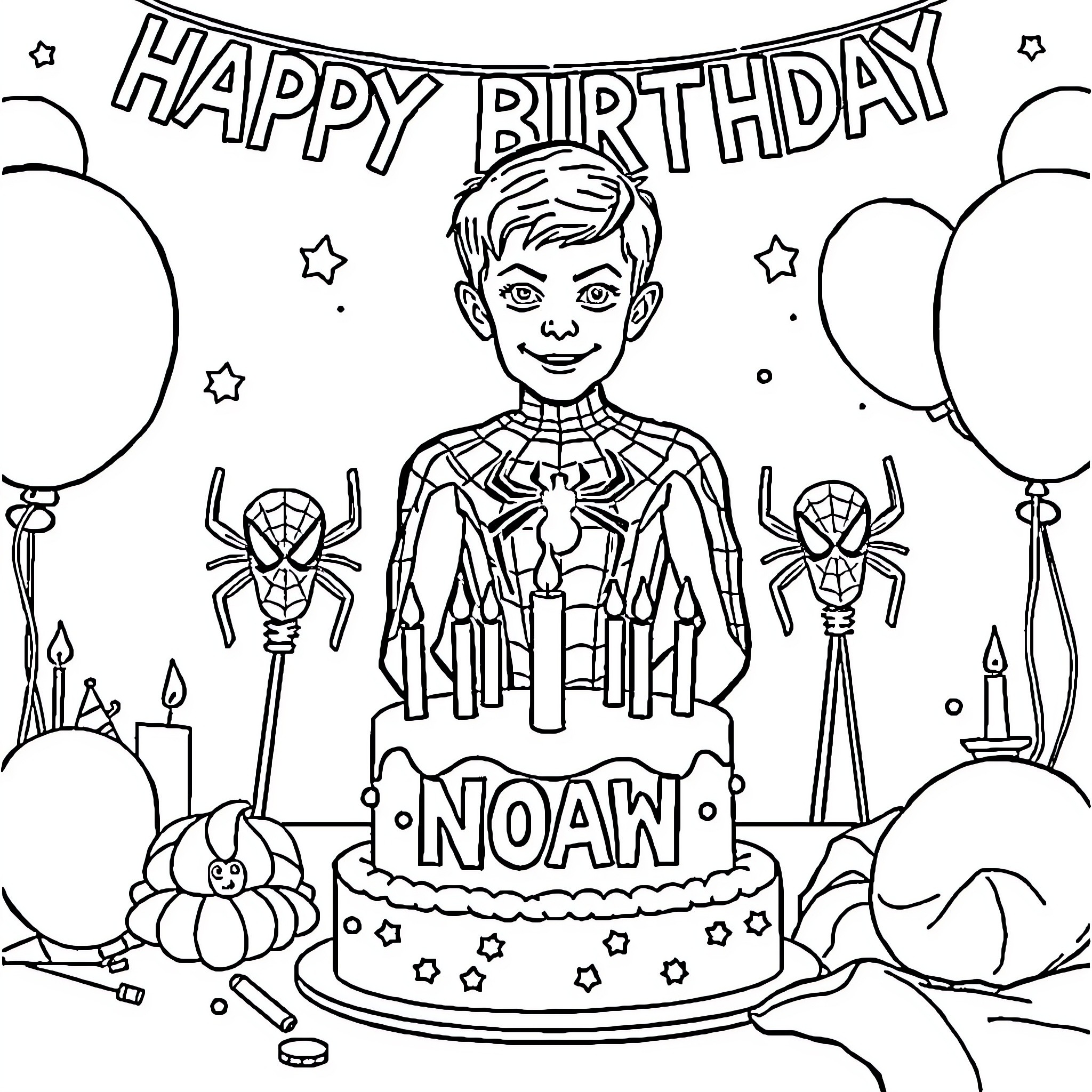 Spiderman celebrates Noah's happy birthday Coloring Page (free black-and-white line drawing printable PDF for all, from beginners to advanced learners, including children, teens, adults, and seniors)