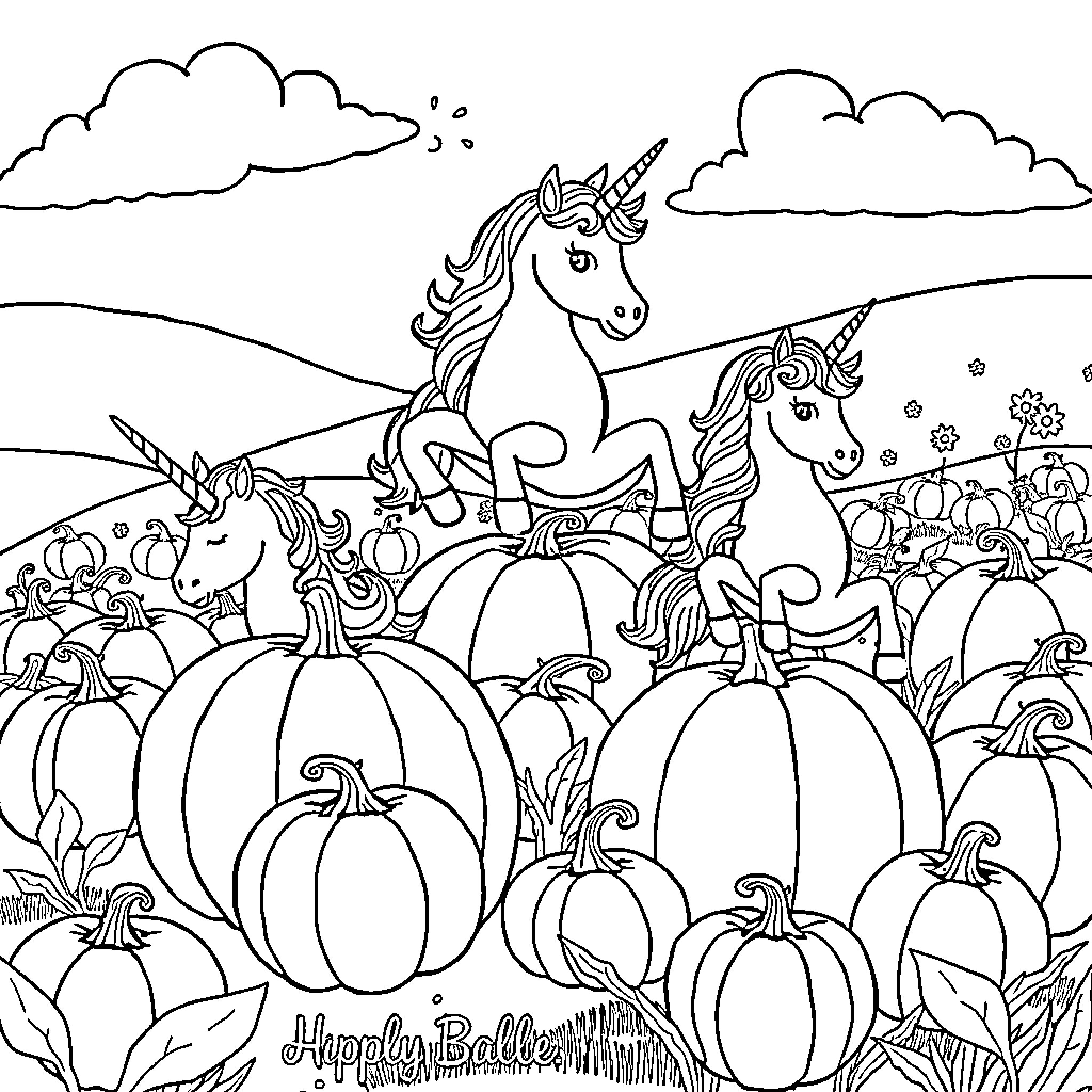 Unicorn Frolicking in a Pumpkin Patch Coloring Page (free black-and-white line drawing printable PDF for all, from beginners to advanced learners, including children, teens, adults, and seniors)