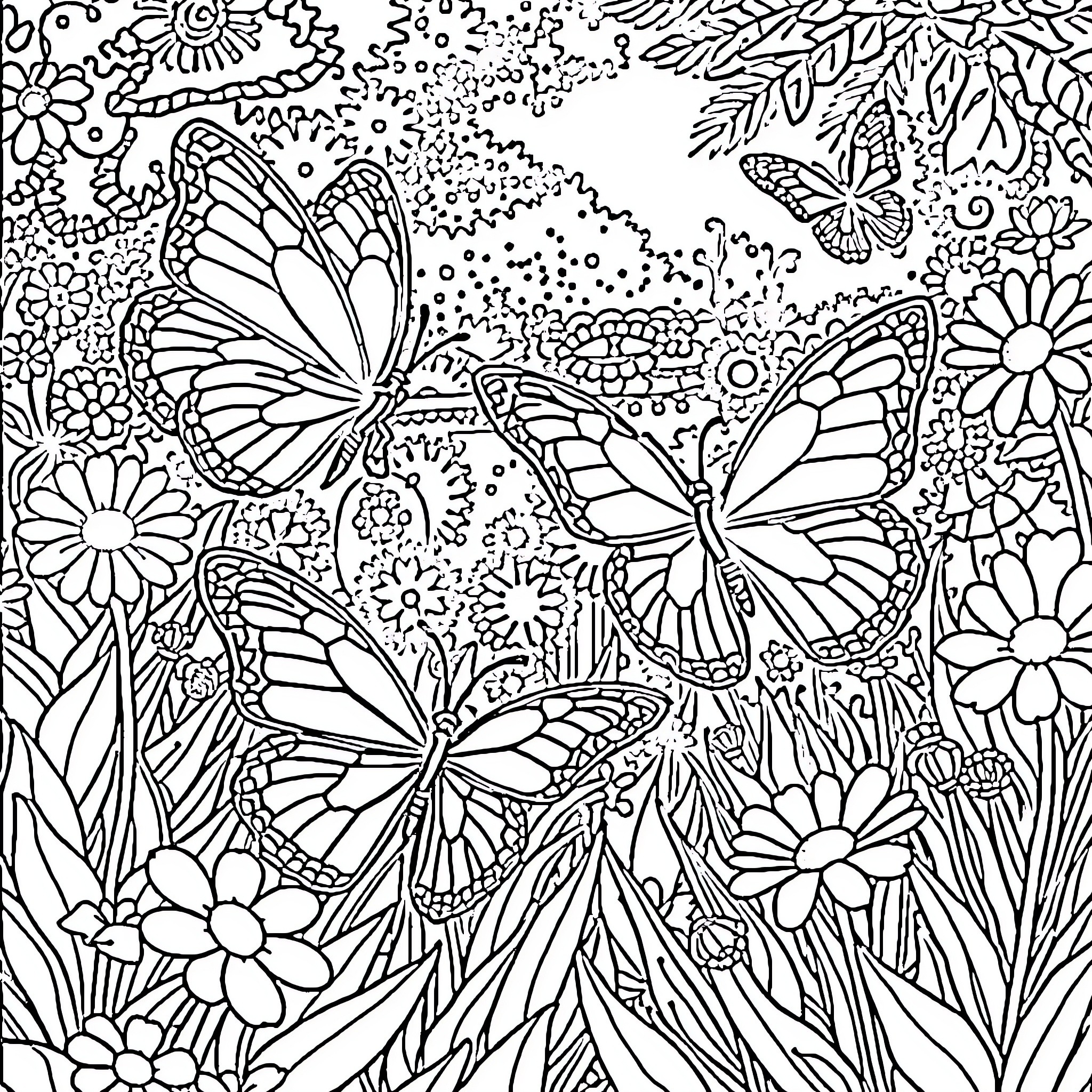 Butterfly Garden with Intricate Floral Patterns Coloring Page (free black-and-white line drawing printable PDF for all, from beginners to advanced learners, including children, teens, adults, and seniors)