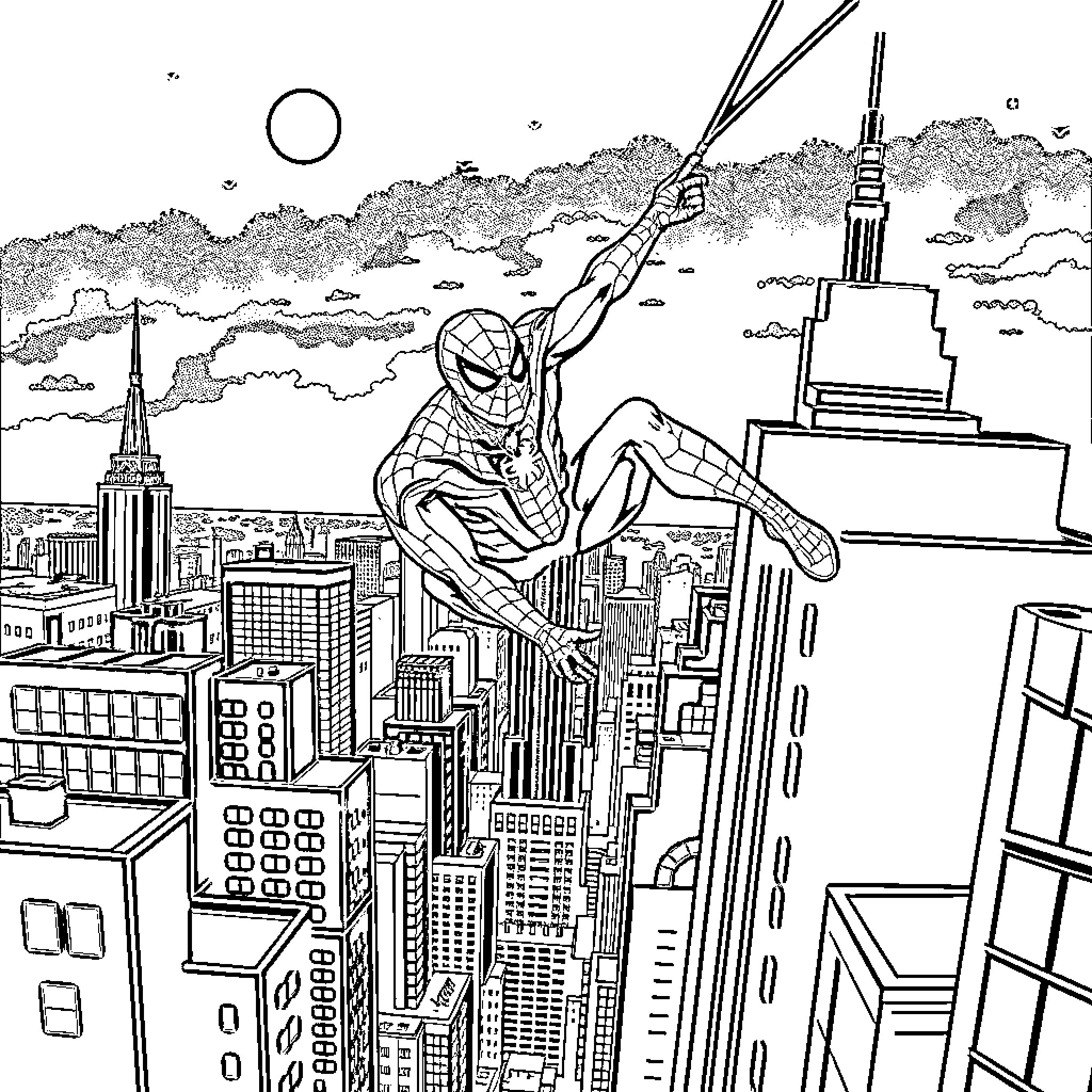 Spiderman swinging through the city skyline Coloring Page (free black-and-white line drawing printable PDF for all, from beginners to advanced learners, including children, teens, adults, and seniors)