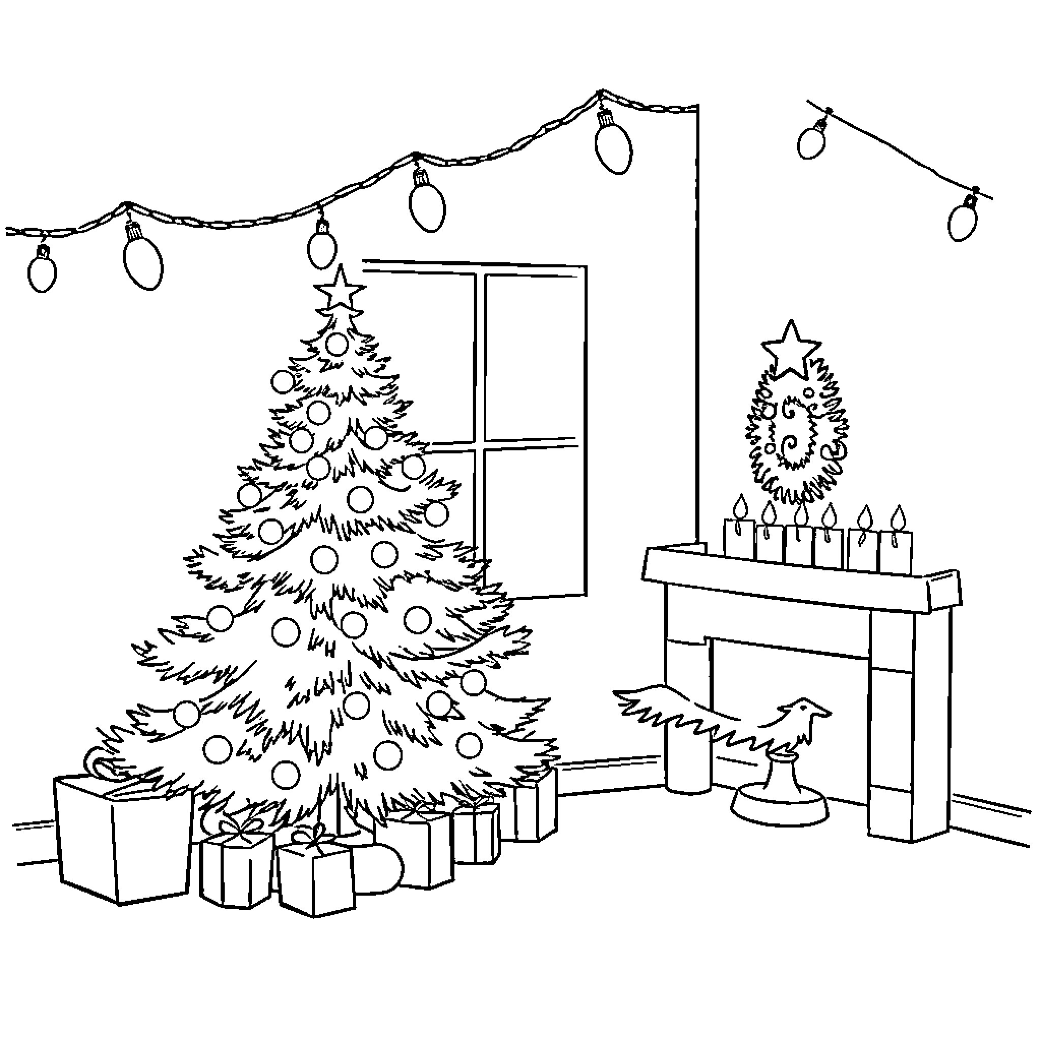 Christmas Decorations and Presents in Cozy Home Coloring Page (free black-and-white line drawing printable PDF for all, from beginners to advanced learners, including children, teens, adults, and seniors)