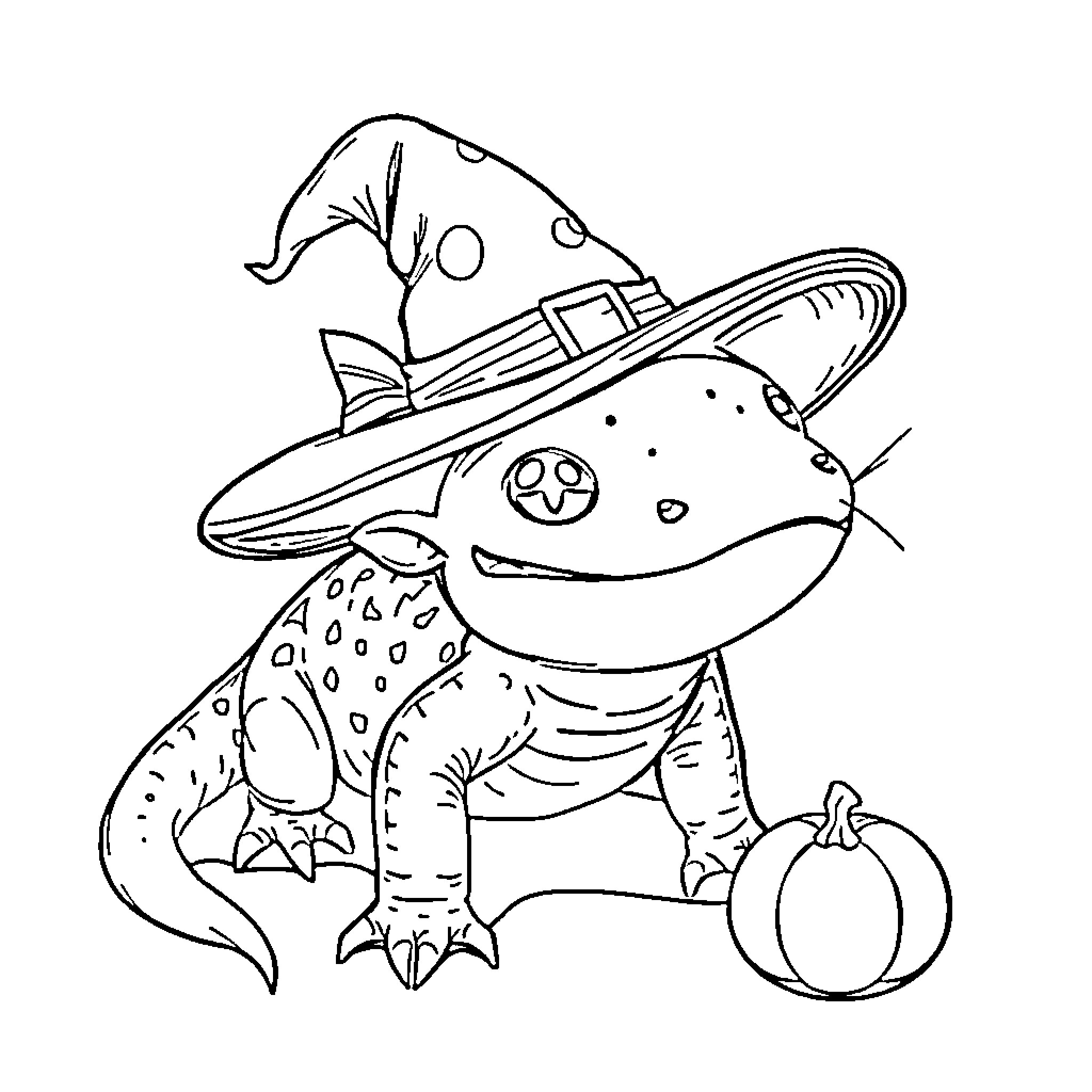Axolotl wearing a witch hat and holding a pumpkin Coloring Page (free black-and-white line drawing printable PDF for all, from beginners to advanced learners, including children, teens, adults, and seniors)