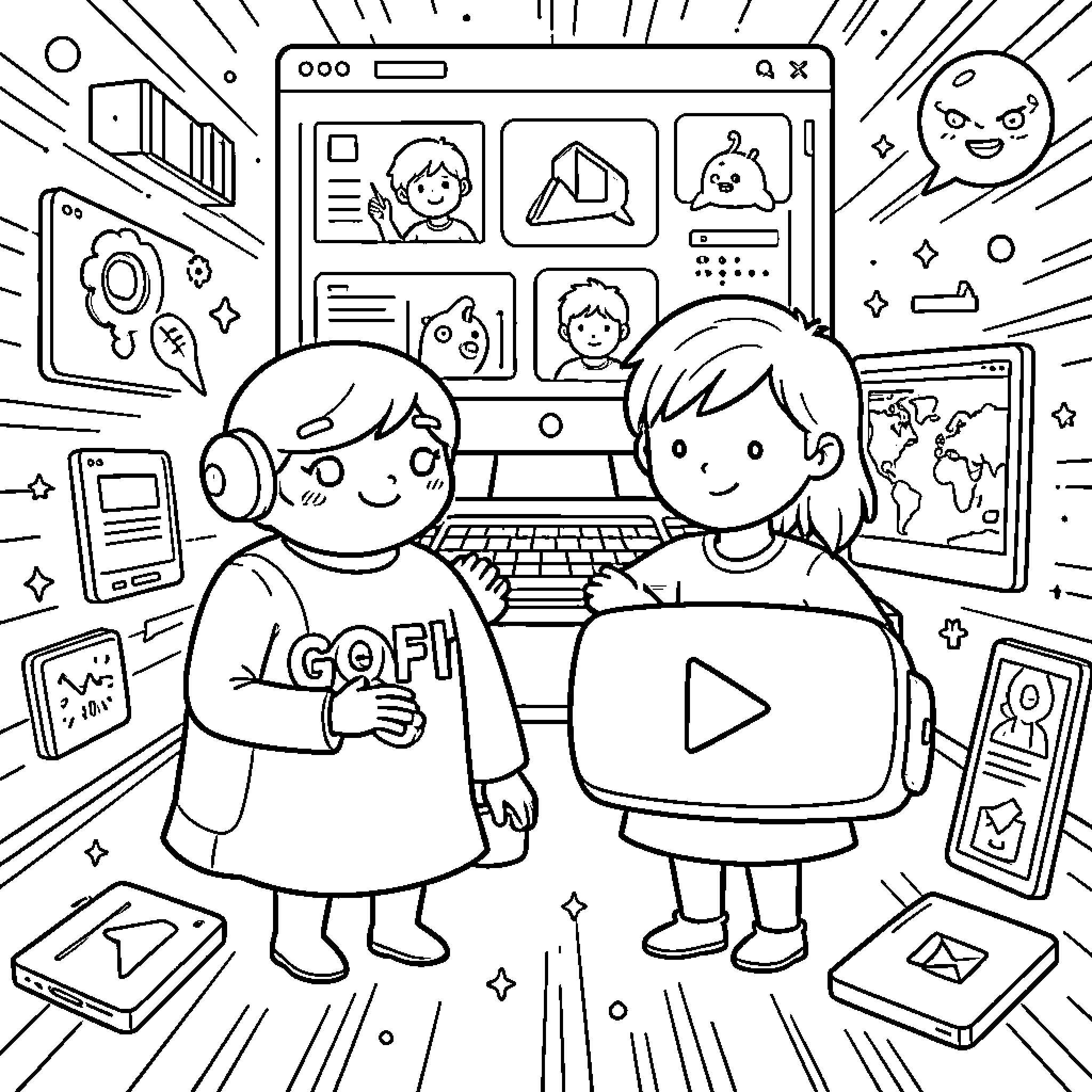 ChatGPT children exploring digital content and media on screens Coloring Page (free black-and-white line drawing printable PDF for all, from beginners to advanced learners, including children, teens, adults, and seniors)