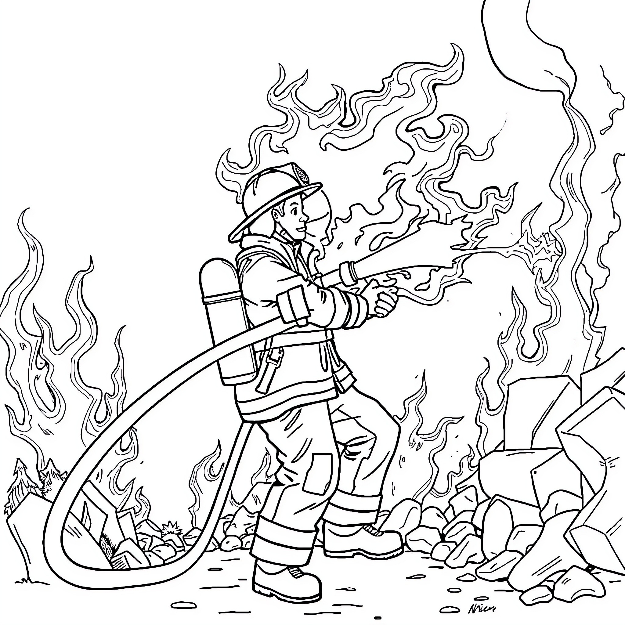 Firefighter Battling Intense Flames at the Scene Coloring Page (free black-and-white line drawing printable PDF for all, from beginners to advanced learners, including children, teens, adults, and seniors)
