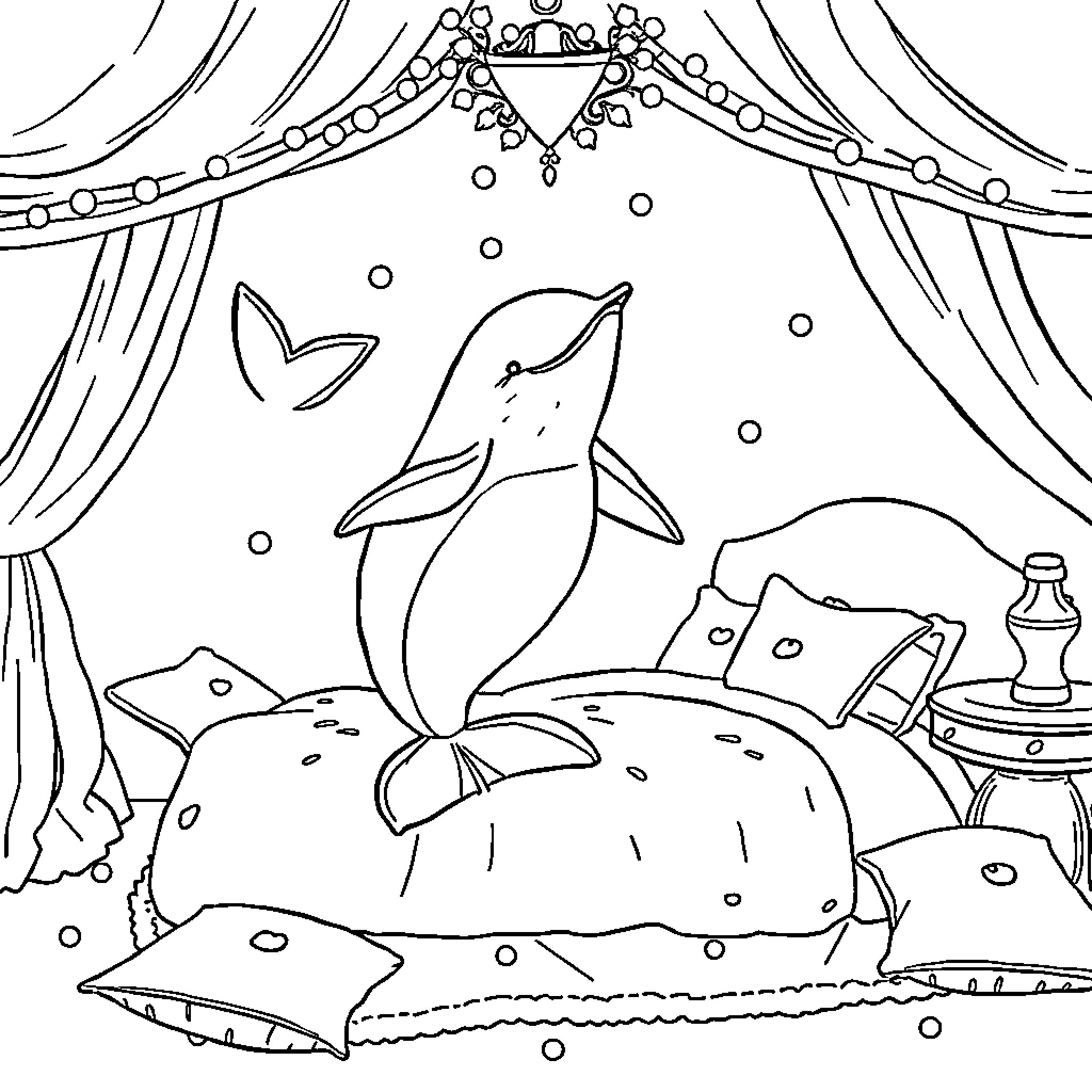 Whale performing on a stage with curtains Coloring Page (free black-and-white line drawing printable PDF for all, from beginners to advanced learners, including children, teens, adults, and seniors)