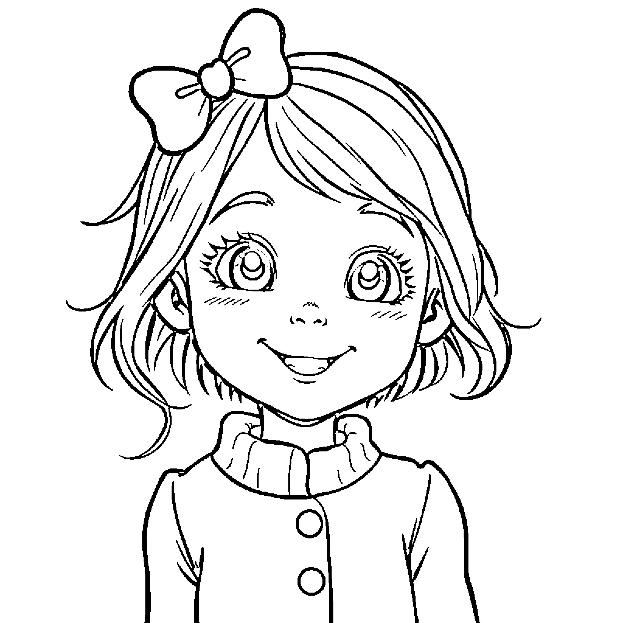 Girl with Bow Smiling Cheerfully Coloring Page (free black-and-white line drawing printable PDF for all, from beginners to advanced learners, including children, teens, adults, and seniors)