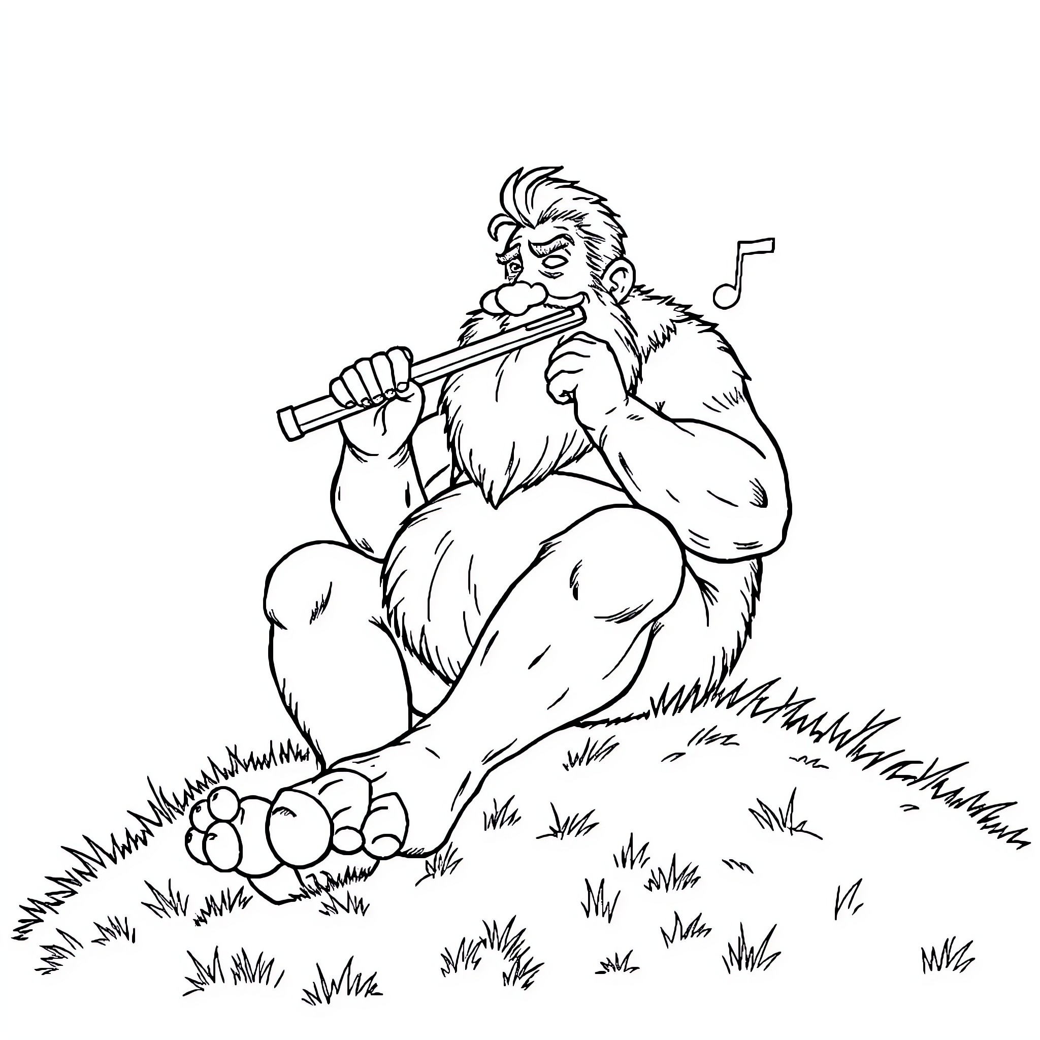 Giant Caveman Playing a Musical Instrument in Nature Coloring Page (free black-and-white line drawing printable PDF for all, from beginners to advanced learners, including children, teens, adults, and seniors)