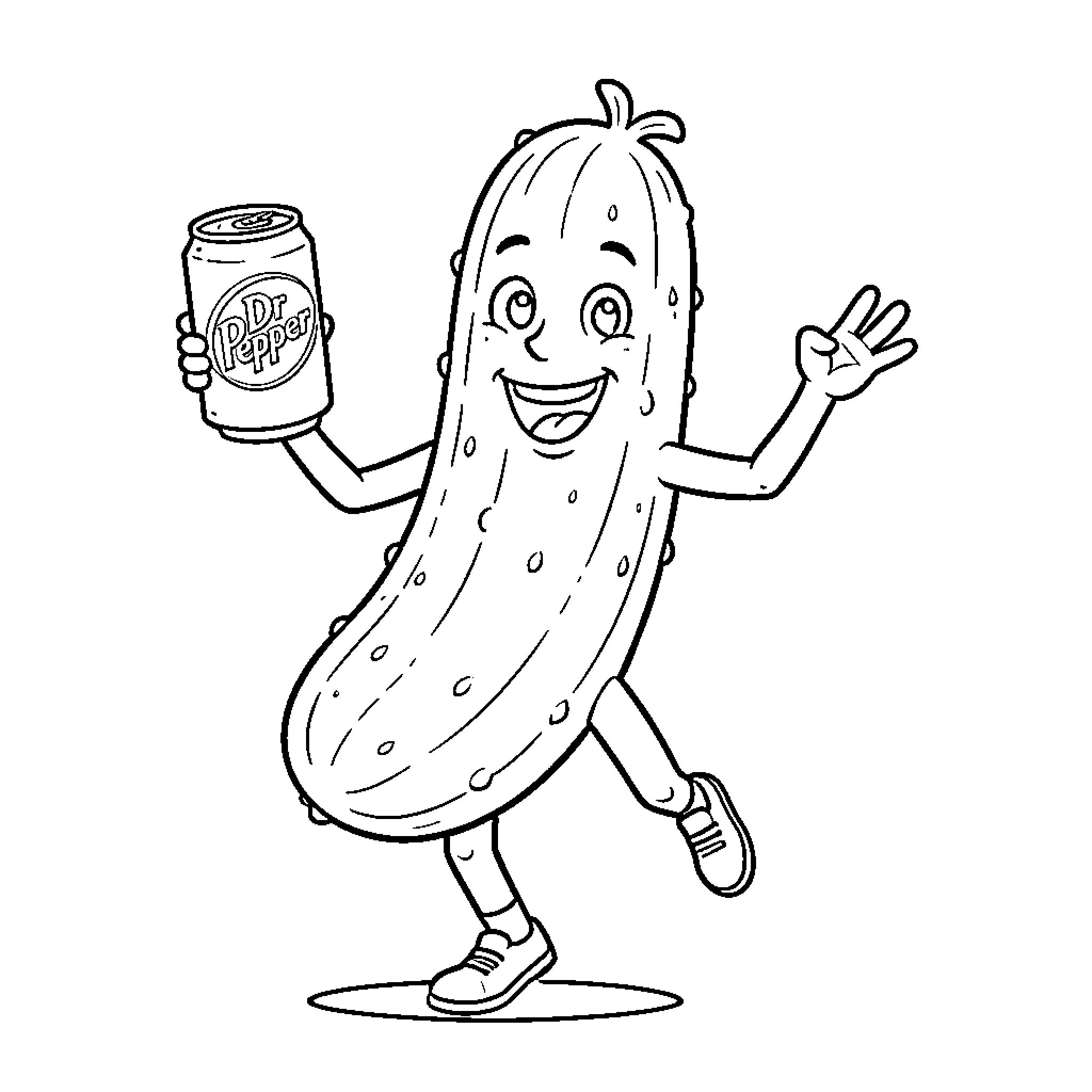 Pickle happily waving while holding a soda can Coloring Page (free black-and-white line drawing printable PDF for all, from beginners to advanced learners, including children, teens, adults, and seniors)