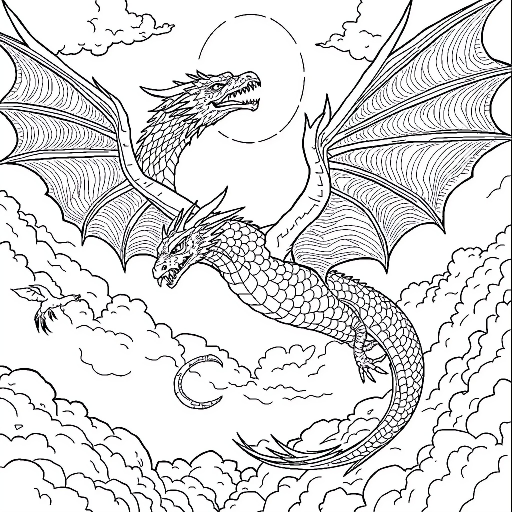 Dragon soaring through the cloudy sky Coloring Page (free black-and-white line drawing printable PDF for all, from beginners to advanced learners, including children, teens, adults, and seniors)