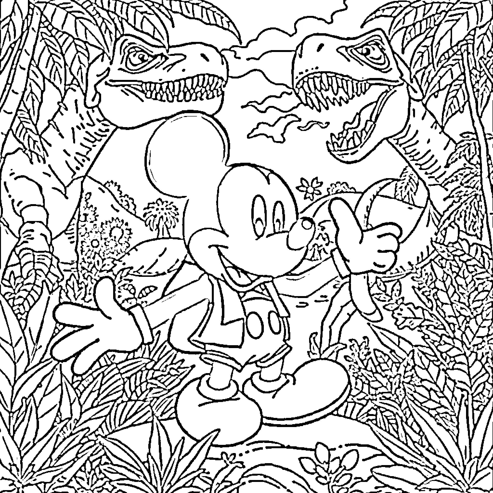 Mickey Exploring the Prehistoric Wilderness Coloring Page (free black-and-white line drawing printable PDF for all, from beginners to advanced learners, including children, teens, adults, and seniors)