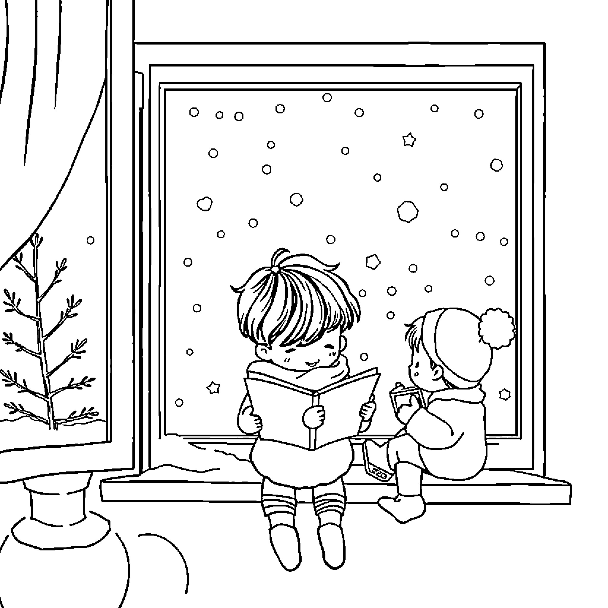 Kid reading book together by window in winter Coloring Page (free black-and-white line drawing printable PDF for all, from beginners to advanced learners, including children, teens, adults, and seniors)