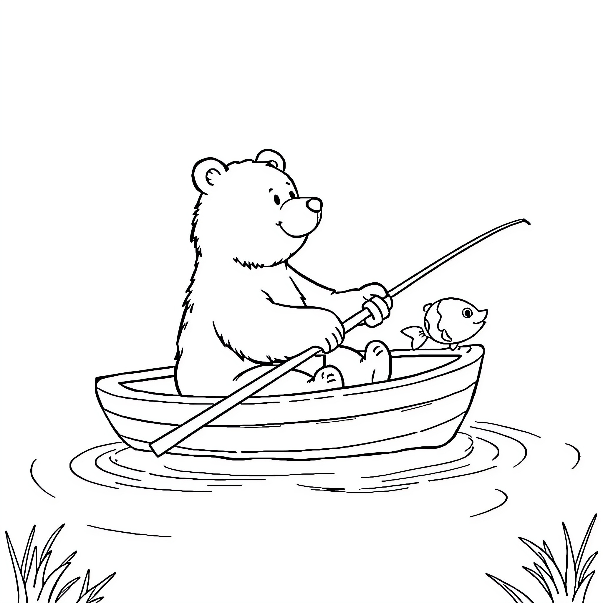 Bear fishing in a boat with friends Coloring Page (free black-and-white line drawing printable PDF for all, from beginners to advanced learners, including children, teens, adults, and seniors)