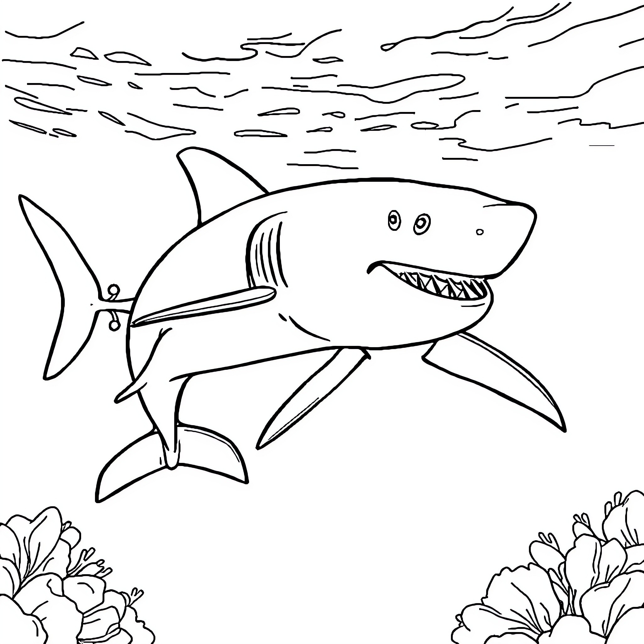 Shark hunting in the ocean Coloring Page (free black-and-white line drawing printable PDF for all, from beginners to advanced learners, including children, teens, adults, and seniors)