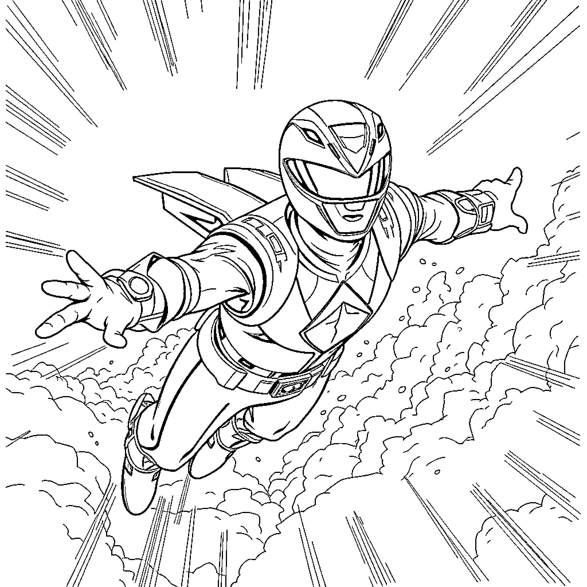 Power Ranger soaring through action-packed scene Coloring Page (free black-and-white line drawing printable PDF for all, from beginners to advanced learners, including children, teens, adults, and seniors)
