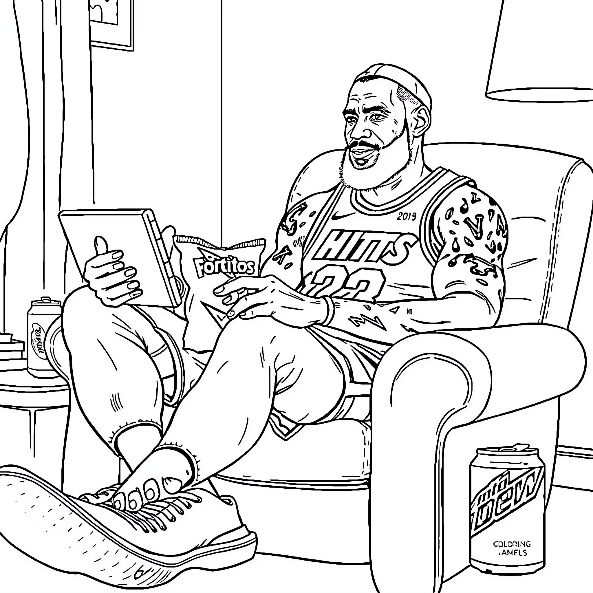 LeBron James relaxing and enjoying a snack Coloring Page (free black-and-white line drawing printable PDF for all, from beginners to advanced learners, including children, teens, adults, and seniors)
