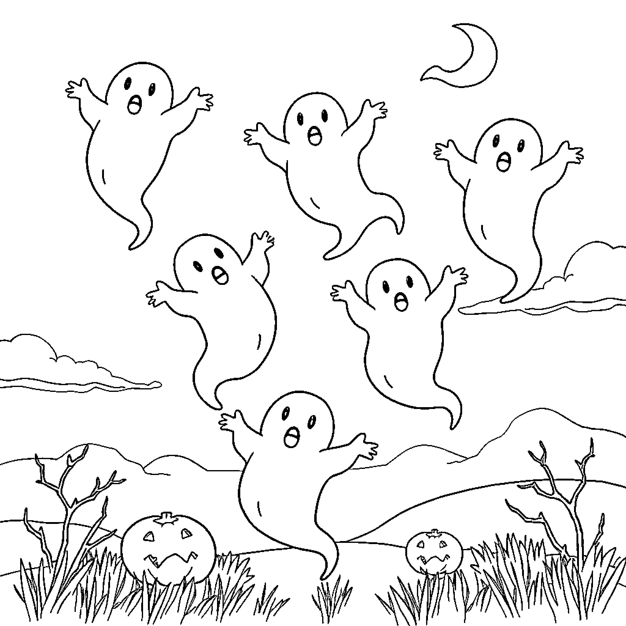 Ghost Spirits Frolicking in the Moonlit Night Coloring Page (free black-and-white line drawing printable PDF for all, from beginners to advanced learners, including children, teens, adults, and seniors)