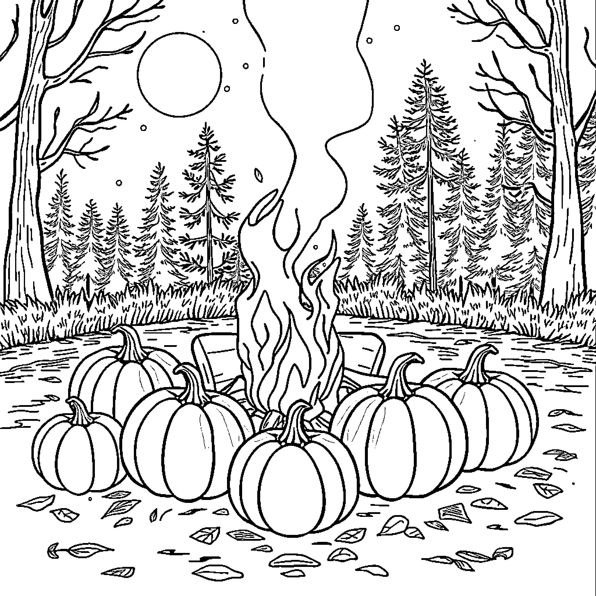 Pumpkins glowing around a campfire in the woods Coloring Page (free black-and-white line drawing printable PDF for all, from beginners to advanced learners, including children, teens, adults, and seniors)