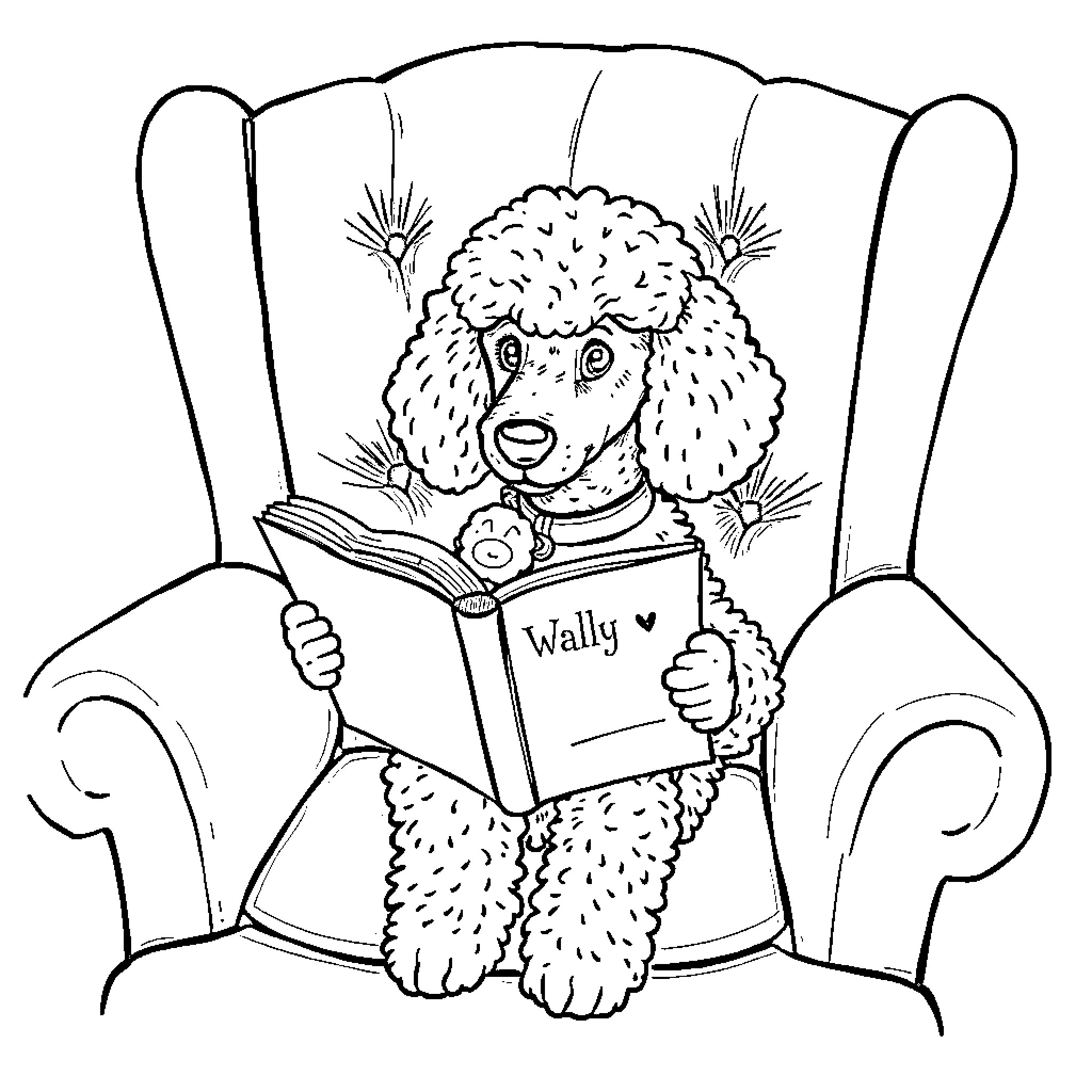 Poodle reading a book on armchair Coloring Page (free black-and-white line drawing printable PDF for all, from beginners to advanced learners, including children, teens, adults, and seniors)
