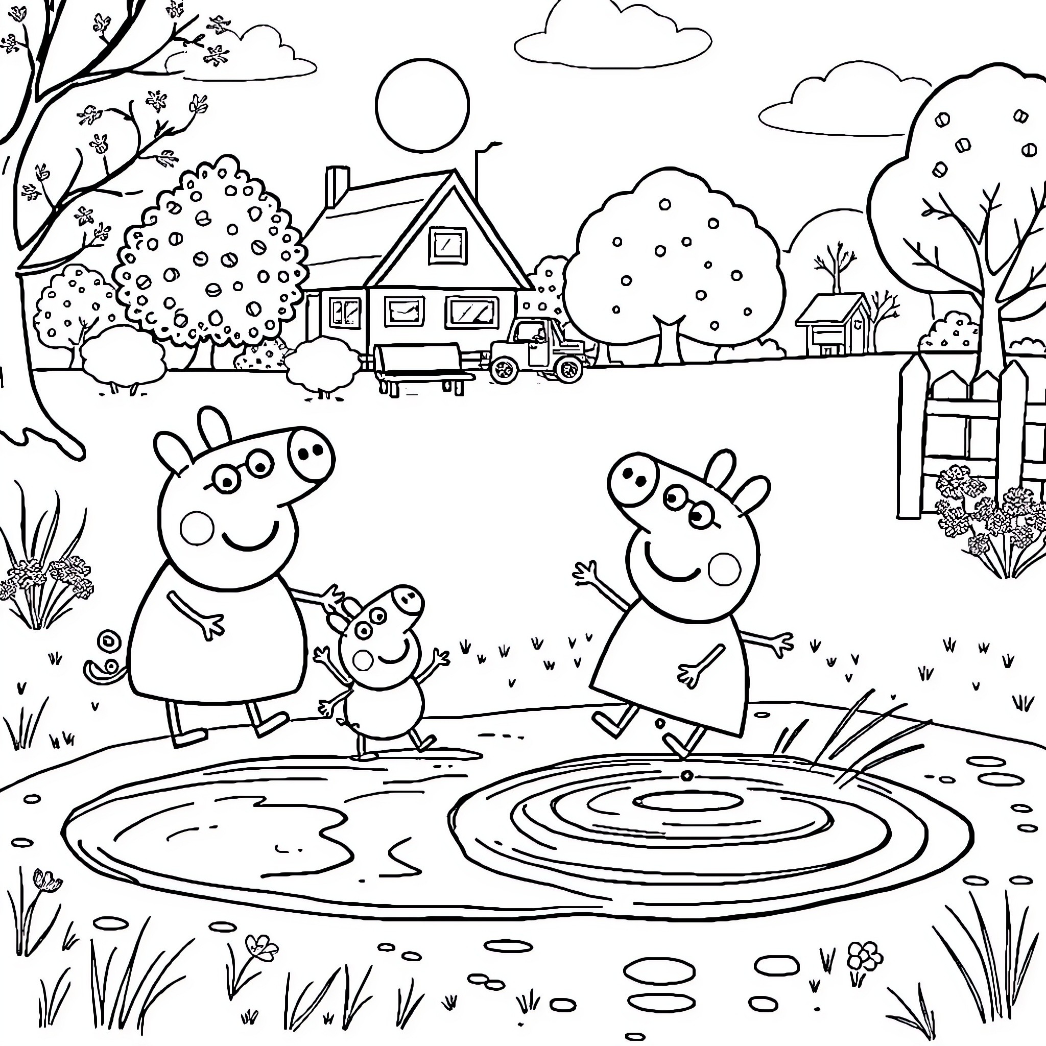 Peppa Pig and Friends Enjoying Outdoor Adventure Coloring Page (free black-and-white line drawing printable PDF for all, from beginners to advanced learners, including children, teens, adults, and seniors)