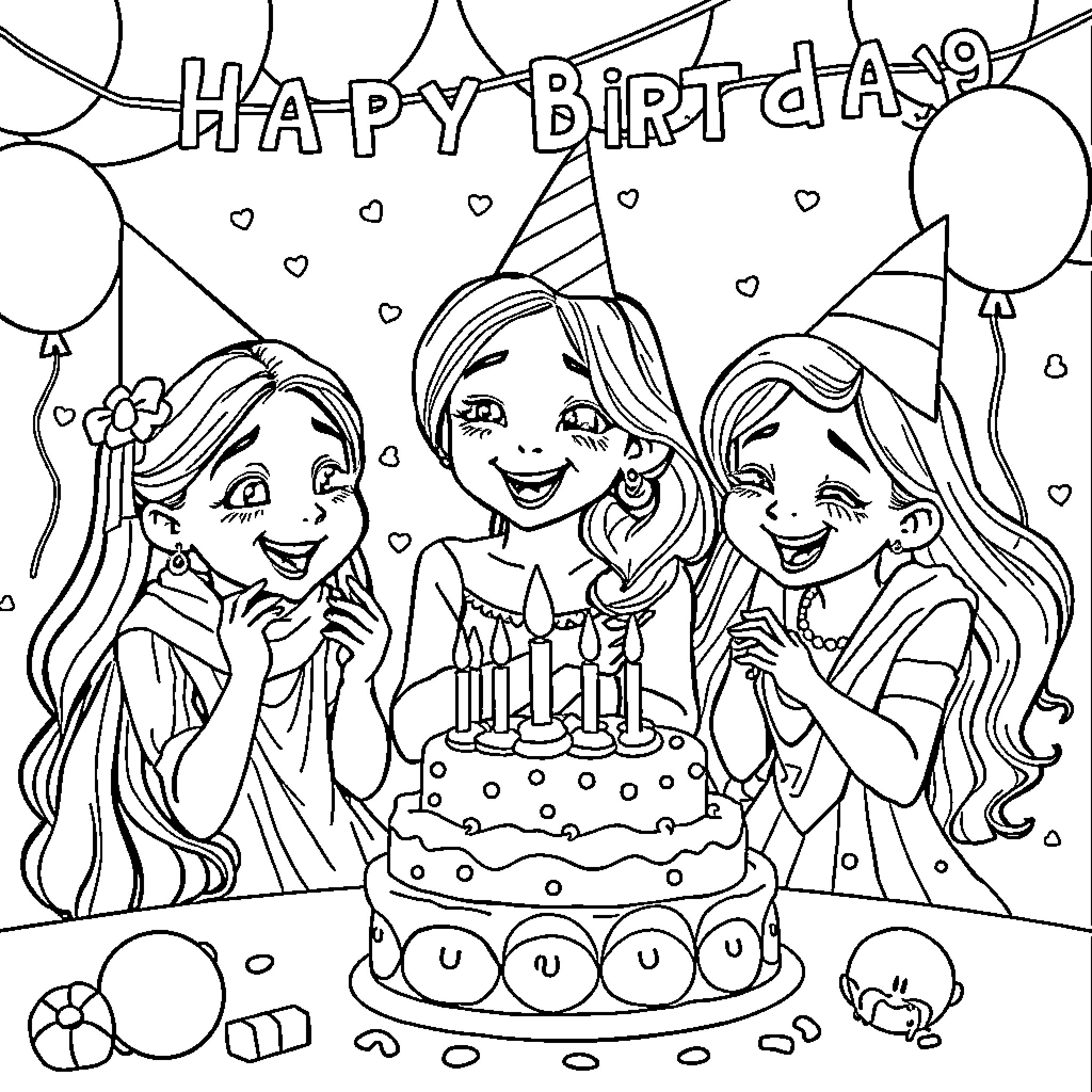 Rumi celebrates a joyful birthday with friends Coloring Page (free black-and-white line drawing printable PDF for all, from beginners to advanced learners, including children, teens, adults, and seniors)