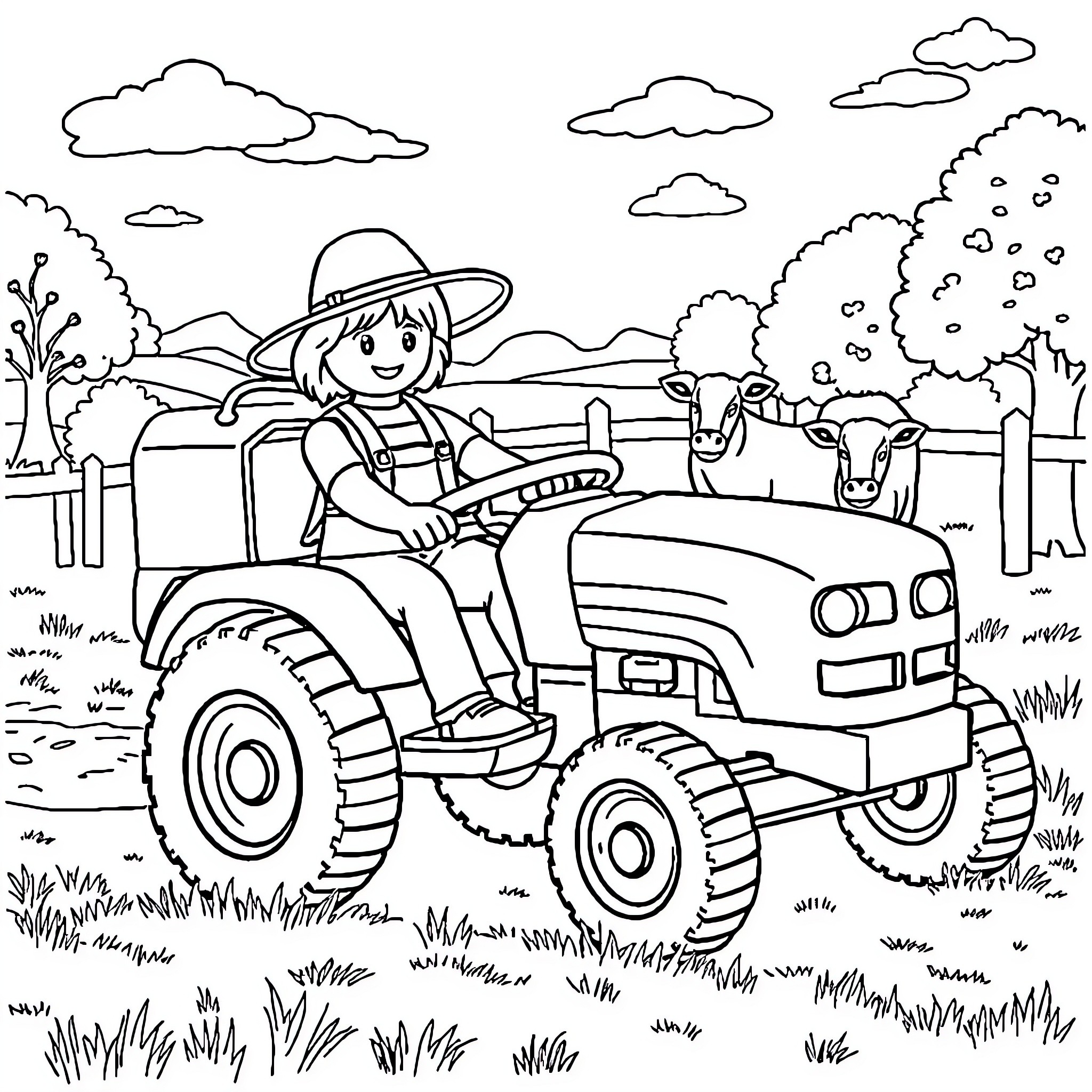 Farmer happily driving tractor through the countryside Coloring Page (free black-and-white line drawing printable PDF for all, from beginners to advanced learners, including children, teens, adults, and seniors)
