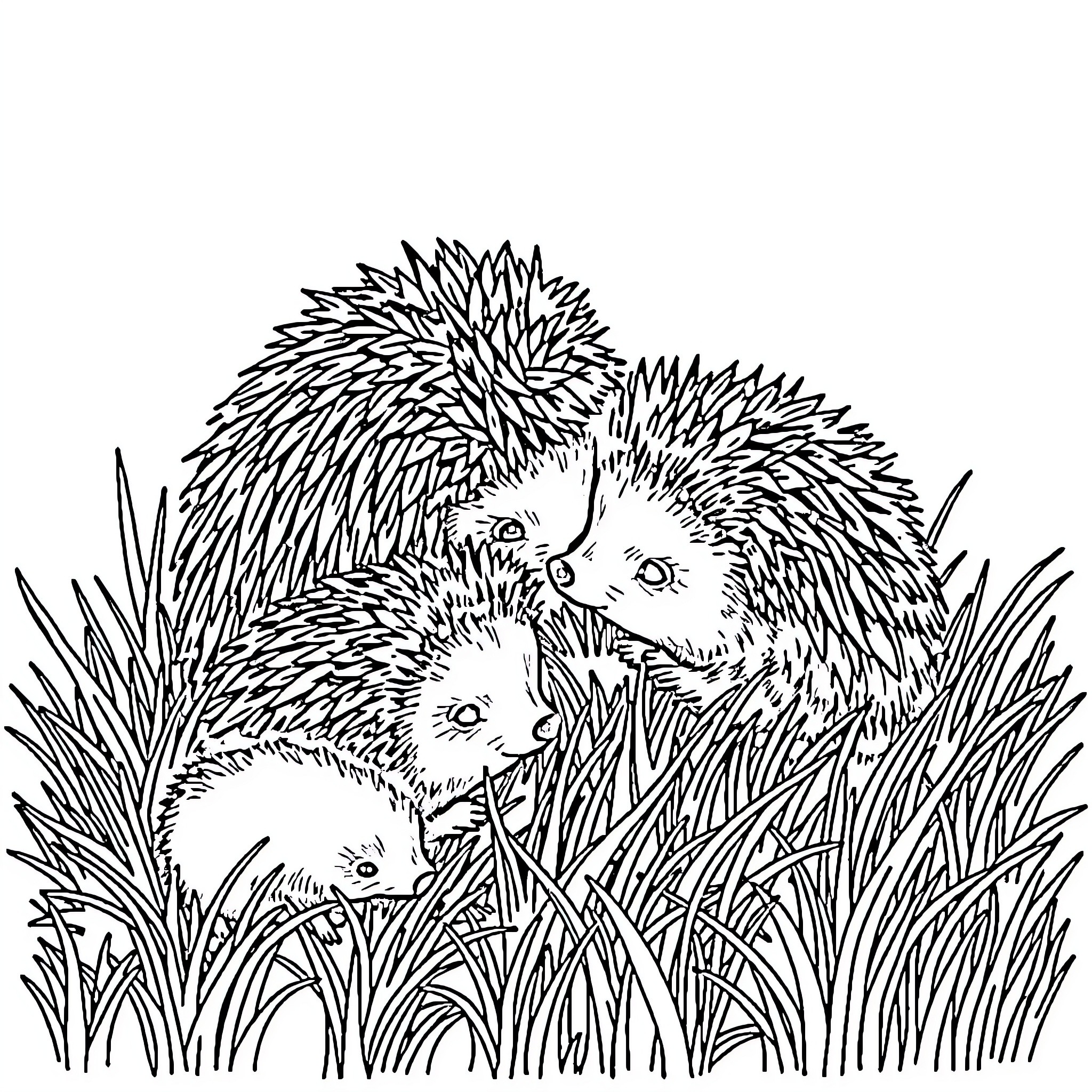 Hedgehogs nestled among tall grass Coloring Page (free black-and-white line drawing printable PDF for all, from beginners to advanced learners, including children, teens, adults, and seniors)