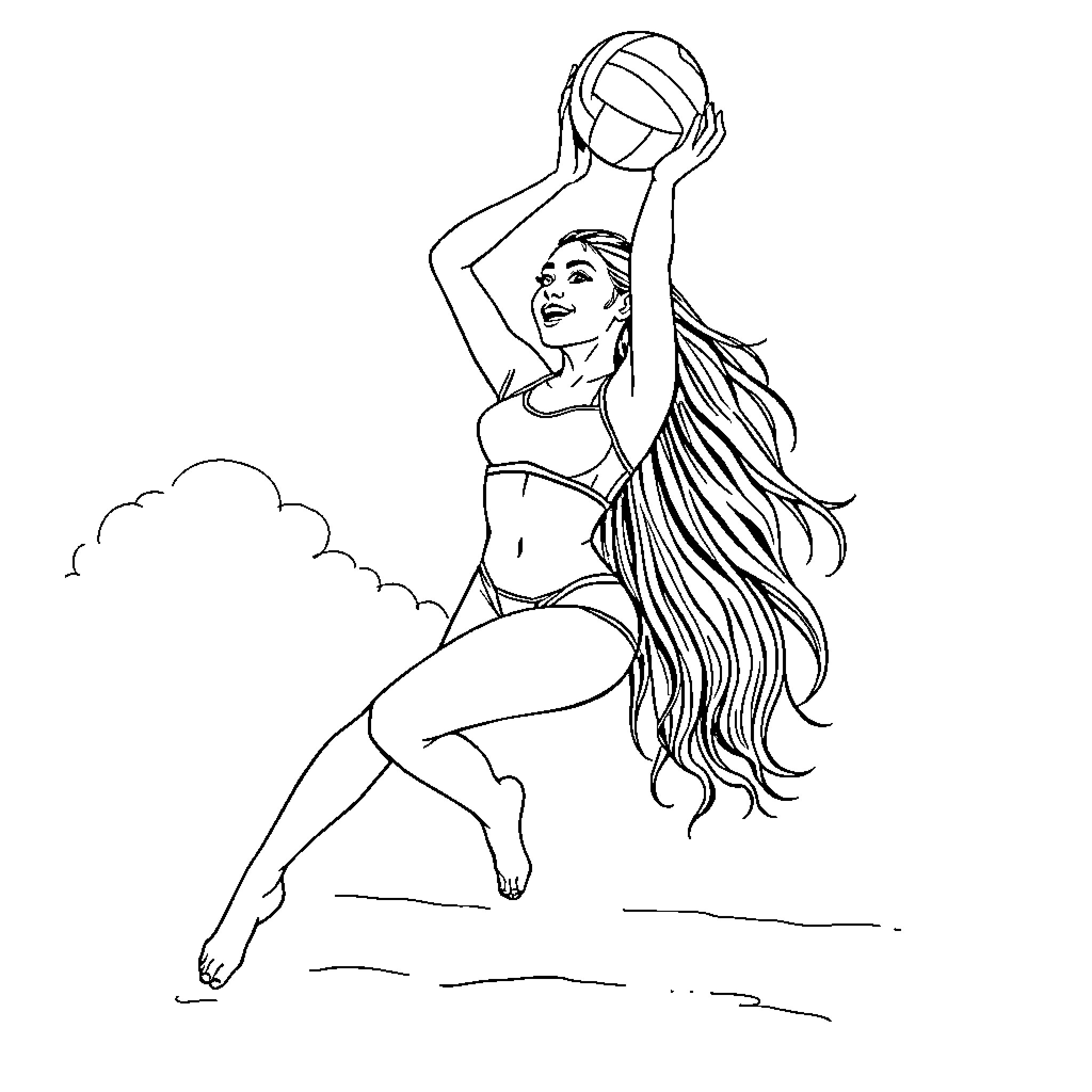 Ariana Grande playing volleyball with enthusiasm Coloring Page (free black-and-white line drawing printable PDF for all, from beginners to advanced learners, including children, teens, adults, and seniors)