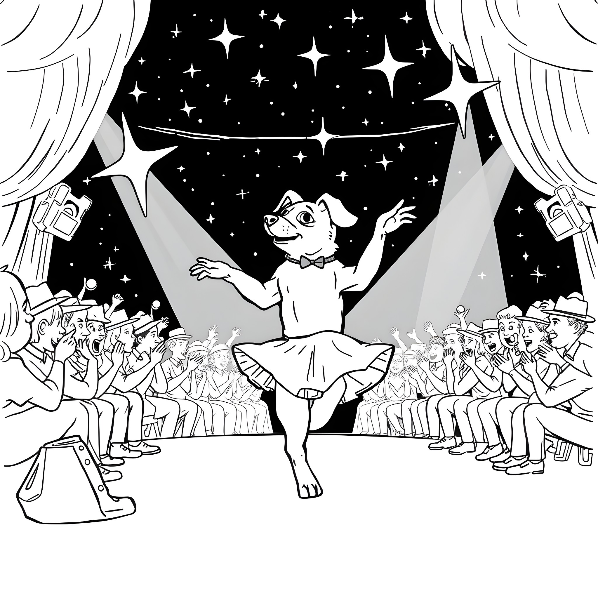Dog Performing Joyfully on Stage Coloring Page (free black-and-white line drawing printable PDF for all, from beginners to advanced learners, including children, teens, adults, and seniors)