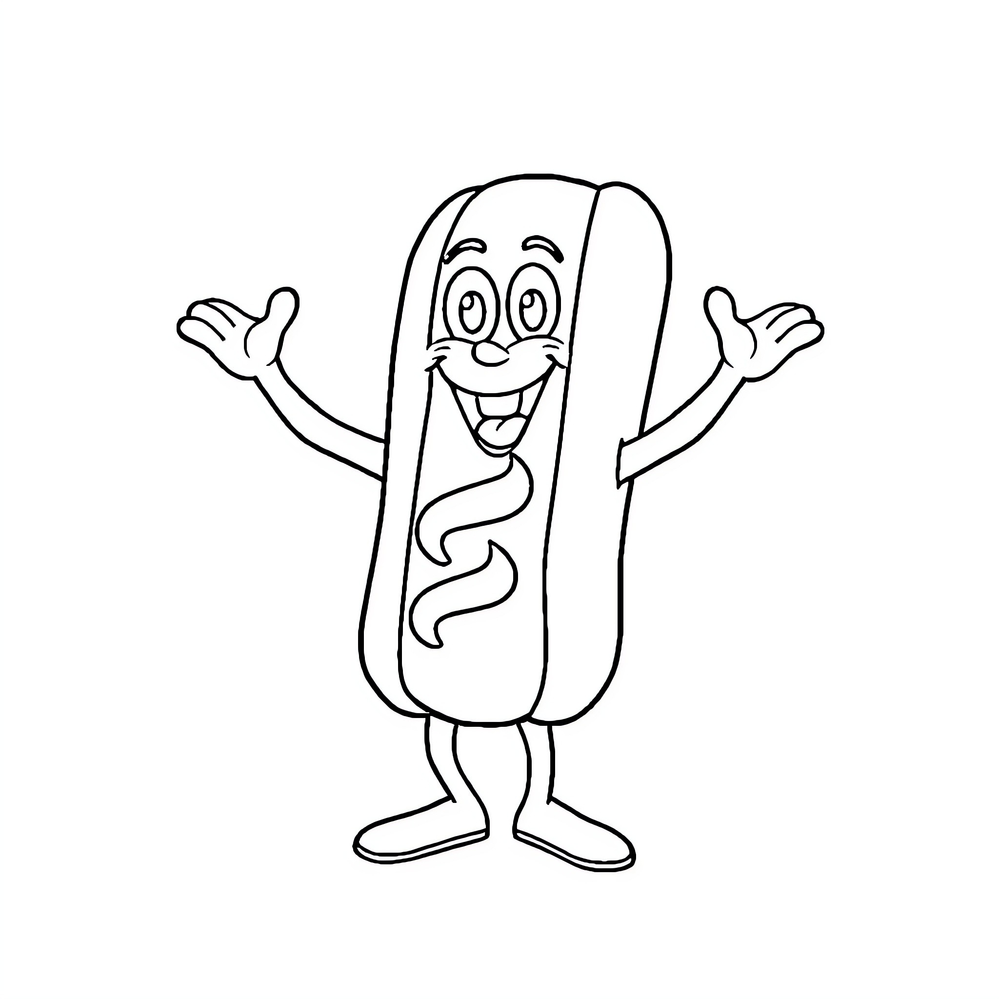Hotdog character with a happy expression Coloring Page (free black-and-white line drawing printable PDF for all, from beginners to advanced learners, including children, teens, adults, and seniors)
